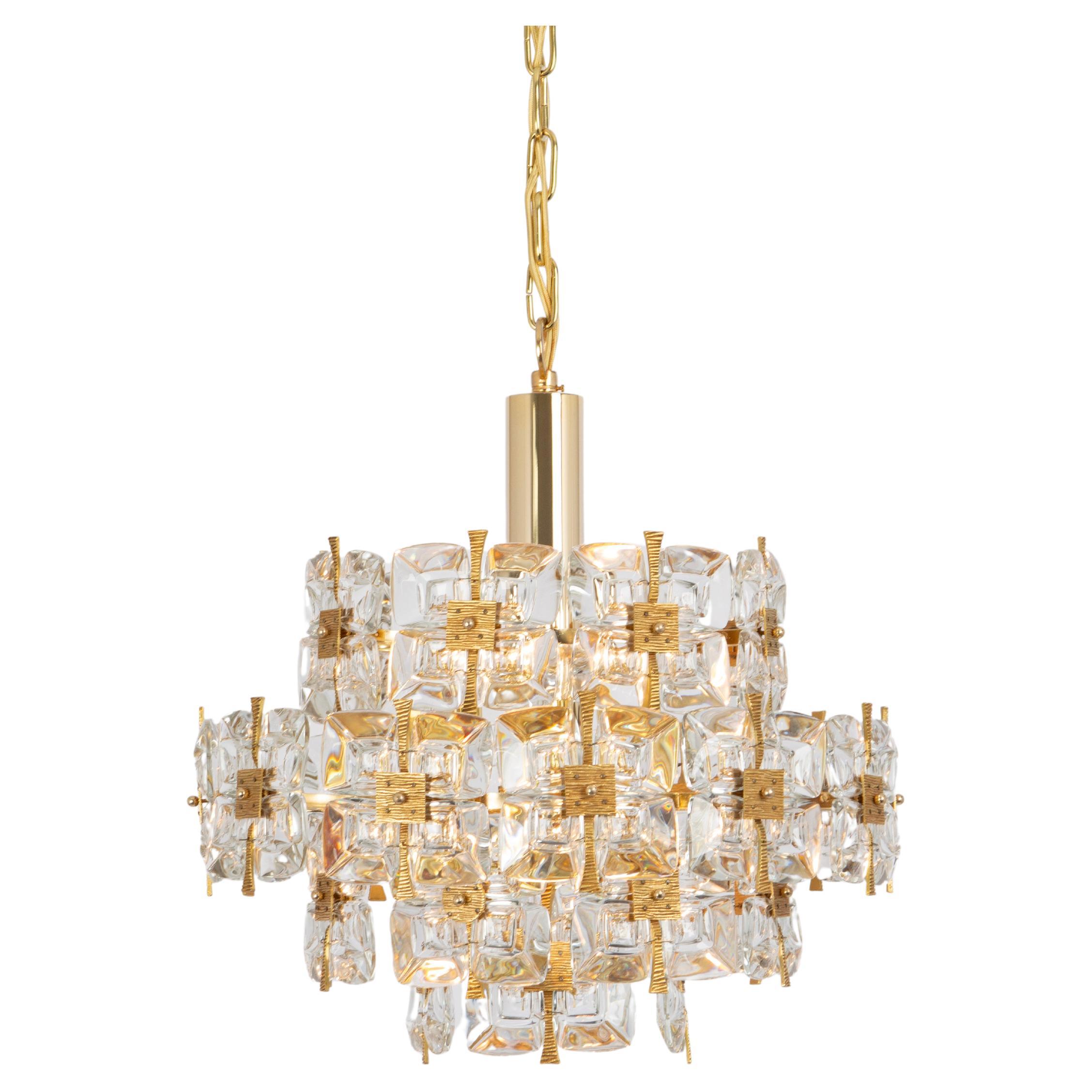 Gilt Brass and Crystal Chandelier, Sciolari Design by Palwa, Germany, 1970s For Sale