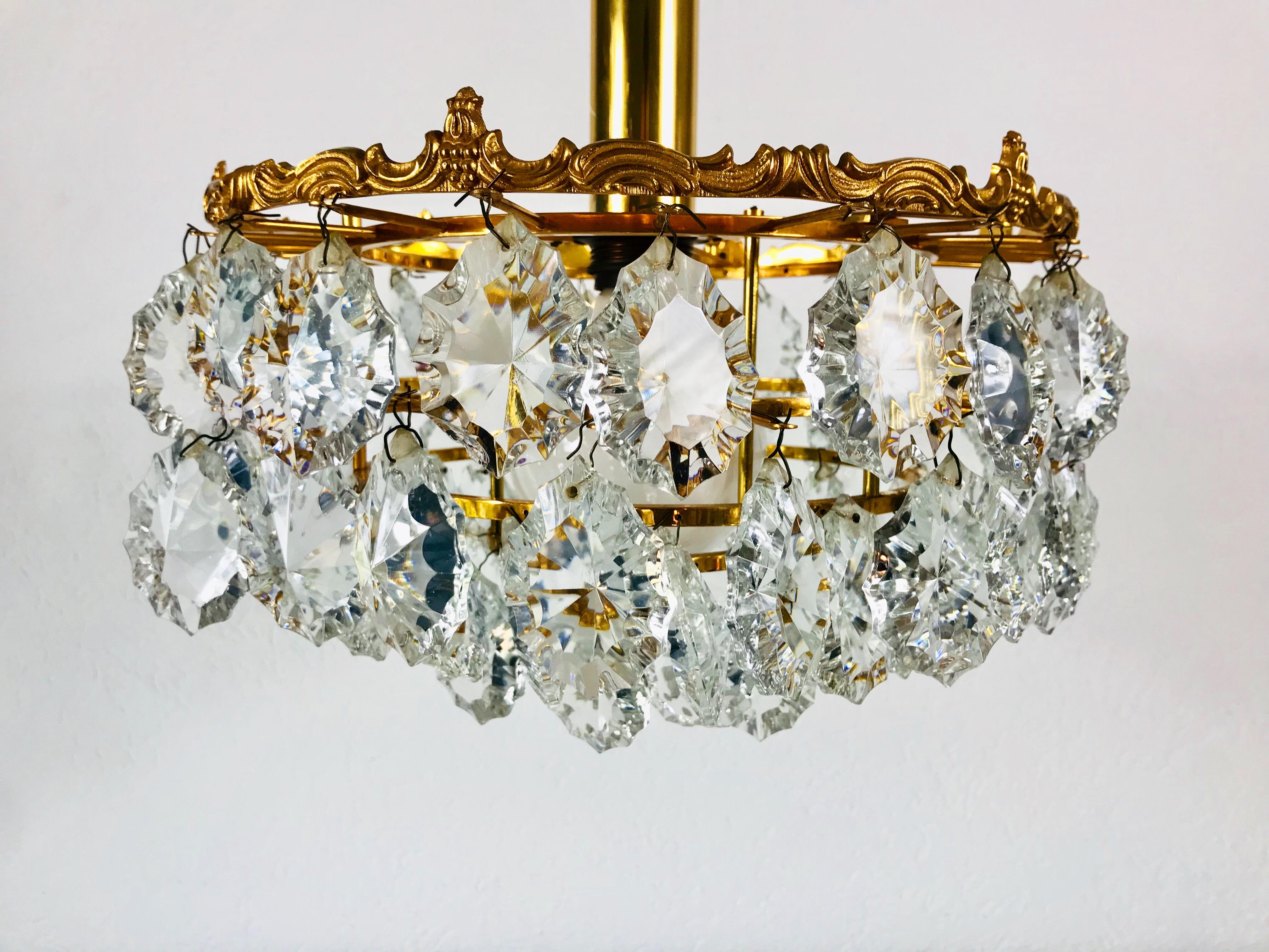 Gilt Brass and Crystal Glass 4-Tier Chandelier by Palwa, Germany, 1970s For Sale 6