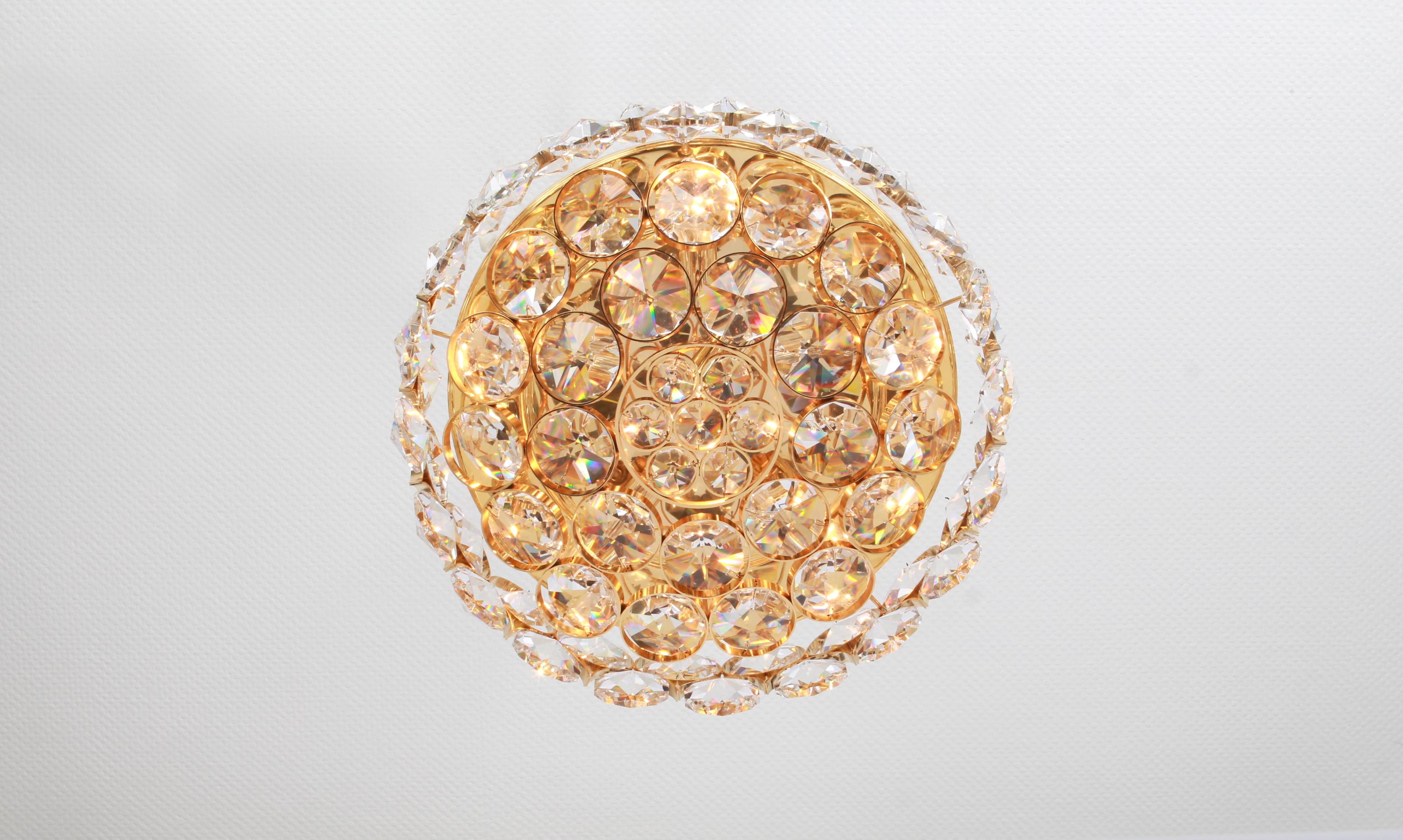 Gilt Brass and Crystal Glass Encrusted Chandelier by Palwa, Germany, 1970s For Sale 4