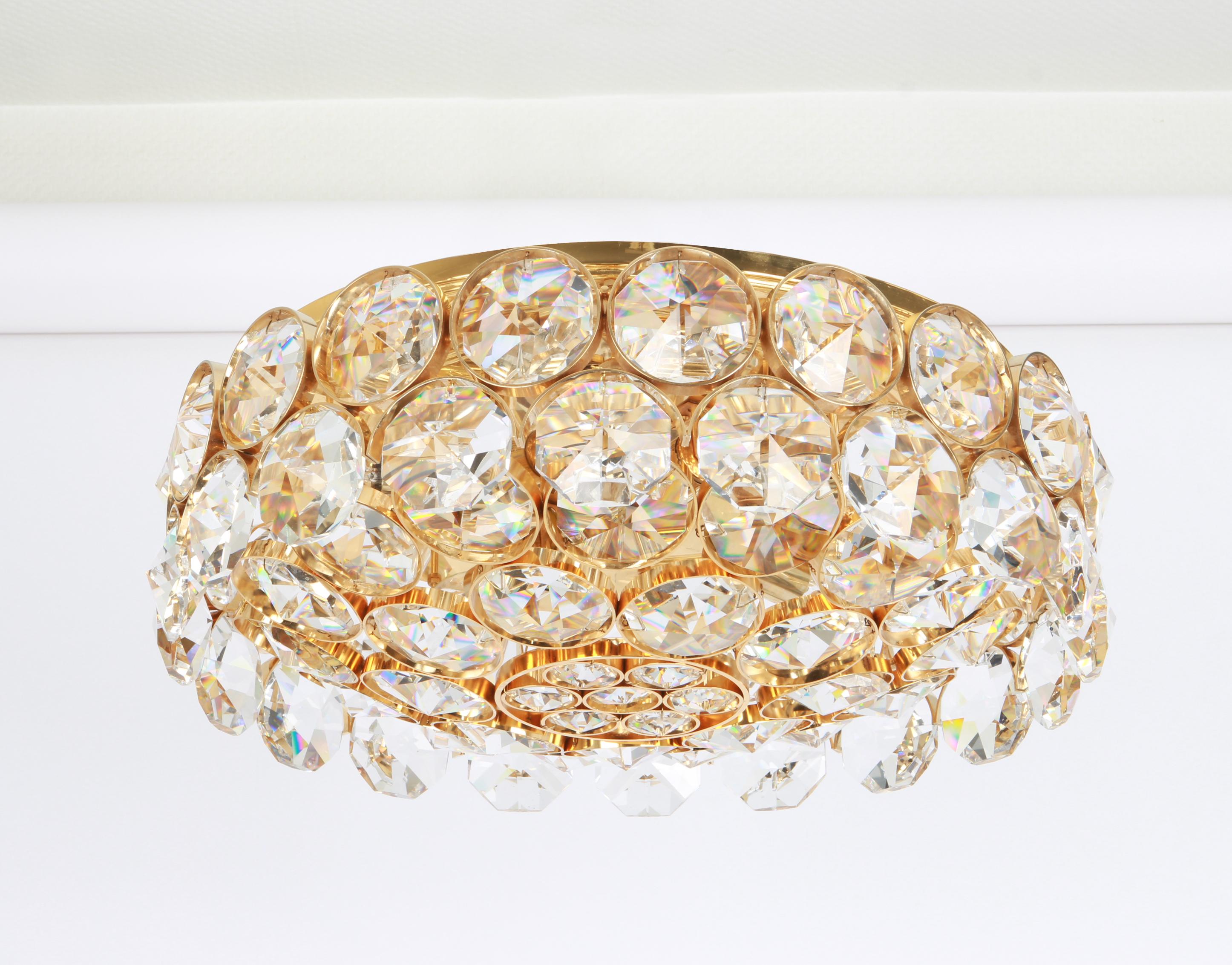 Gold Plate Gilt Brass and Crystal Glass Encrusted Chandelier by Palwa, Germany, 1970s For Sale