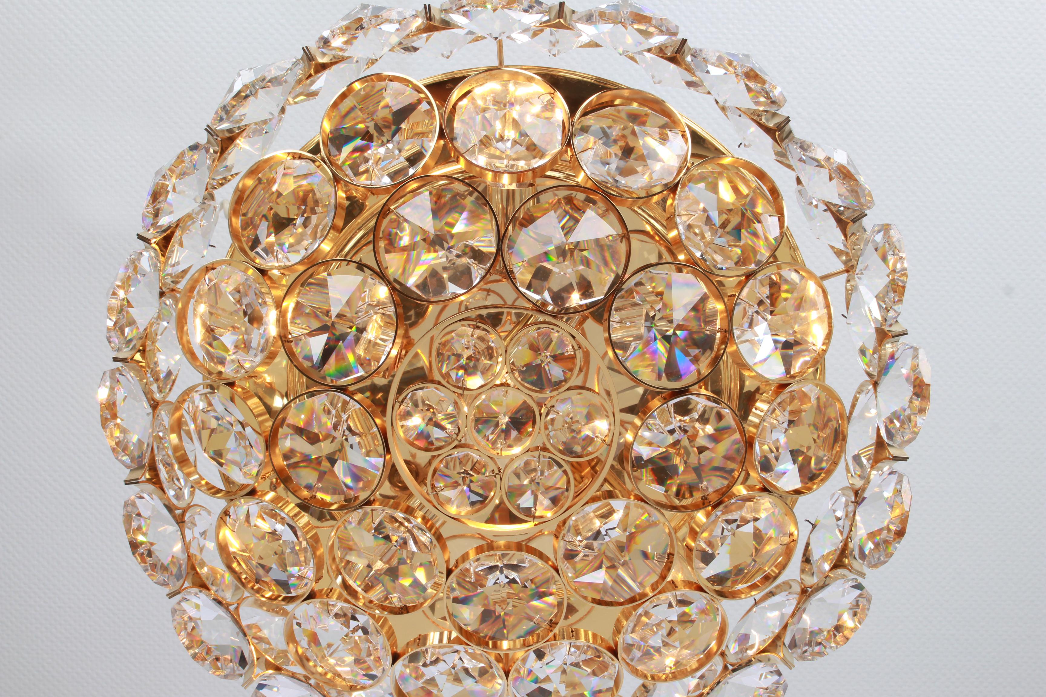 Gilt Brass and Crystal Glass Encrusted Chandelier by Palwa, Germany, 1970s For Sale 2