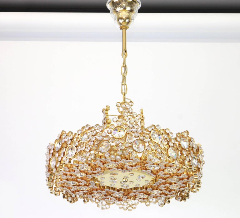 Gilt Brass and Crystal Glass Encrusted Chandeliers by Palwa, Germany, 1970s For Sale 4