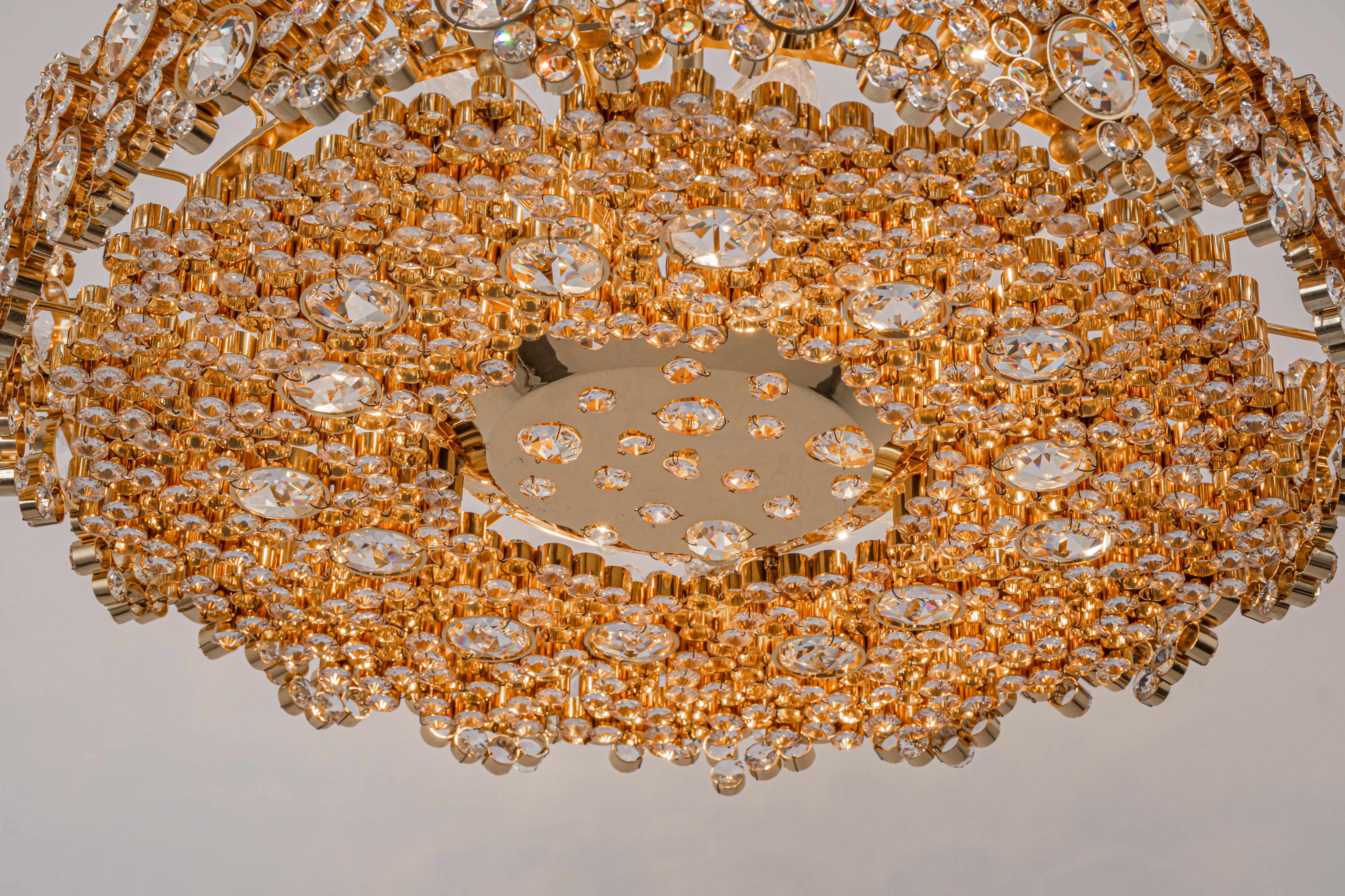 Gilt Brass and Crystal Glass Encrusted Chandeliers by Palwa, Germany, 1970s For Sale 4