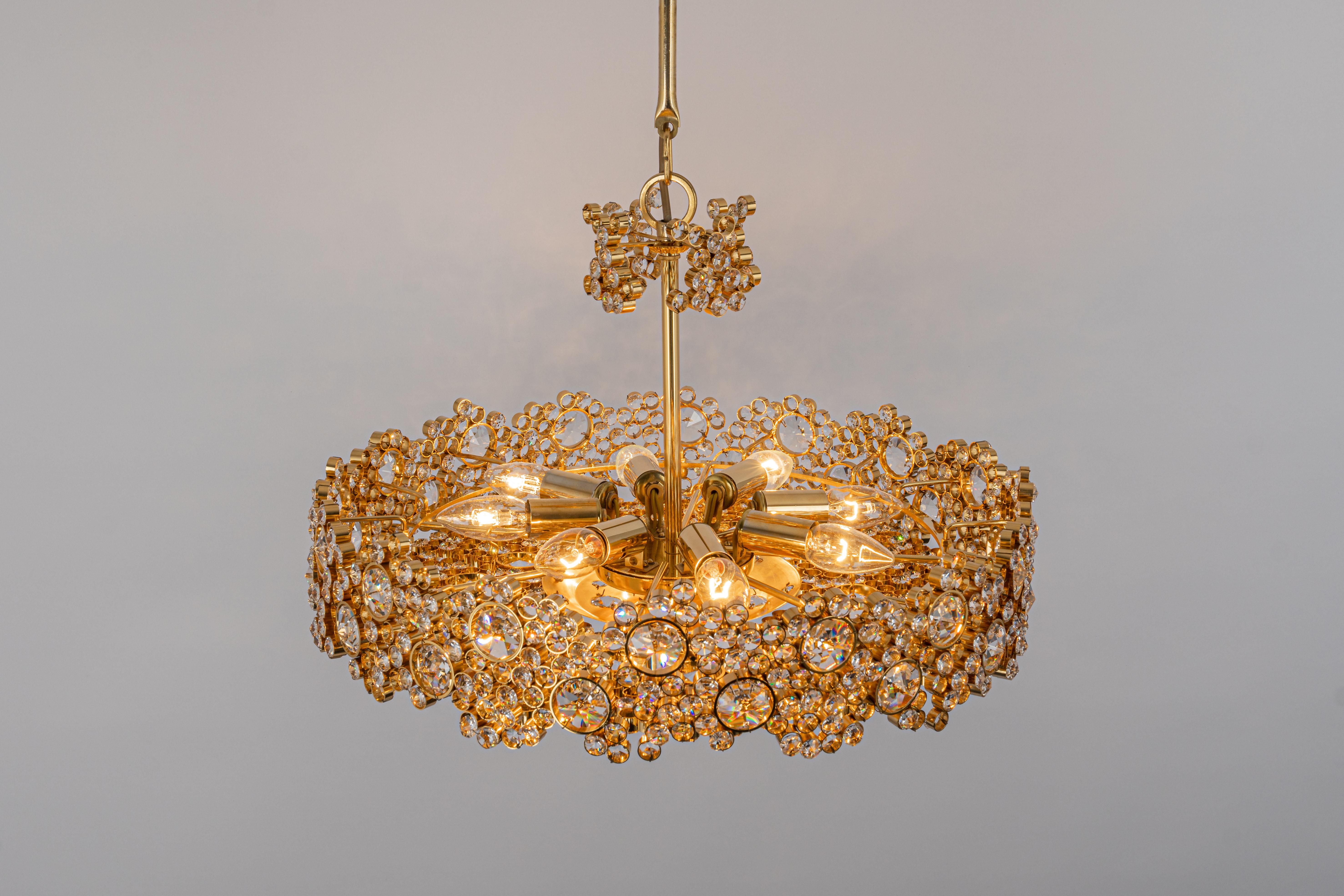 Gilt Brass and Crystal Glass Encrusted Chandeliers by Palwa, Germany, 1970s For Sale 6