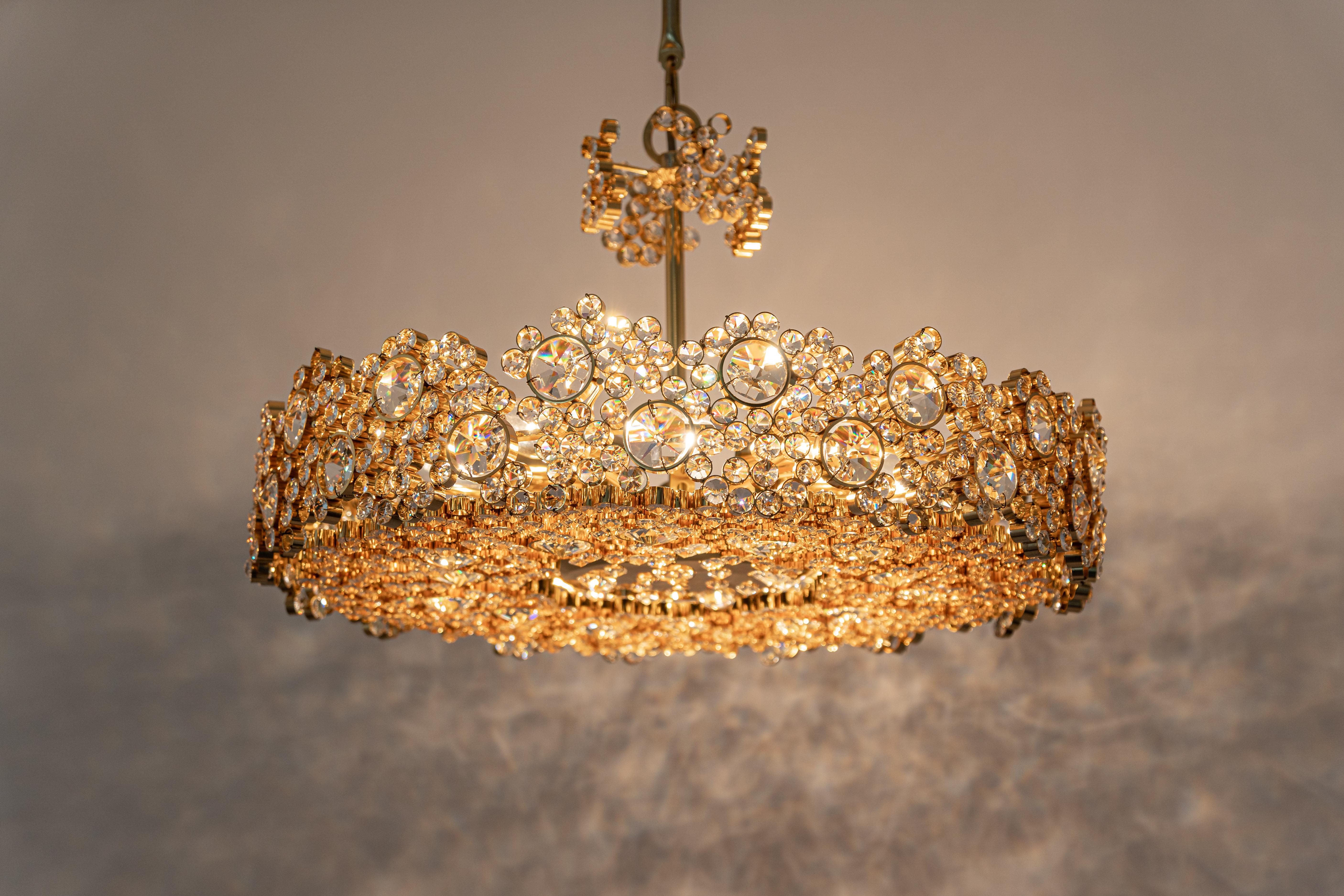 Gilt Brass and Crystal Glass Encrusted Chandeliers by Palwa, Germany, 1970s For Sale 7