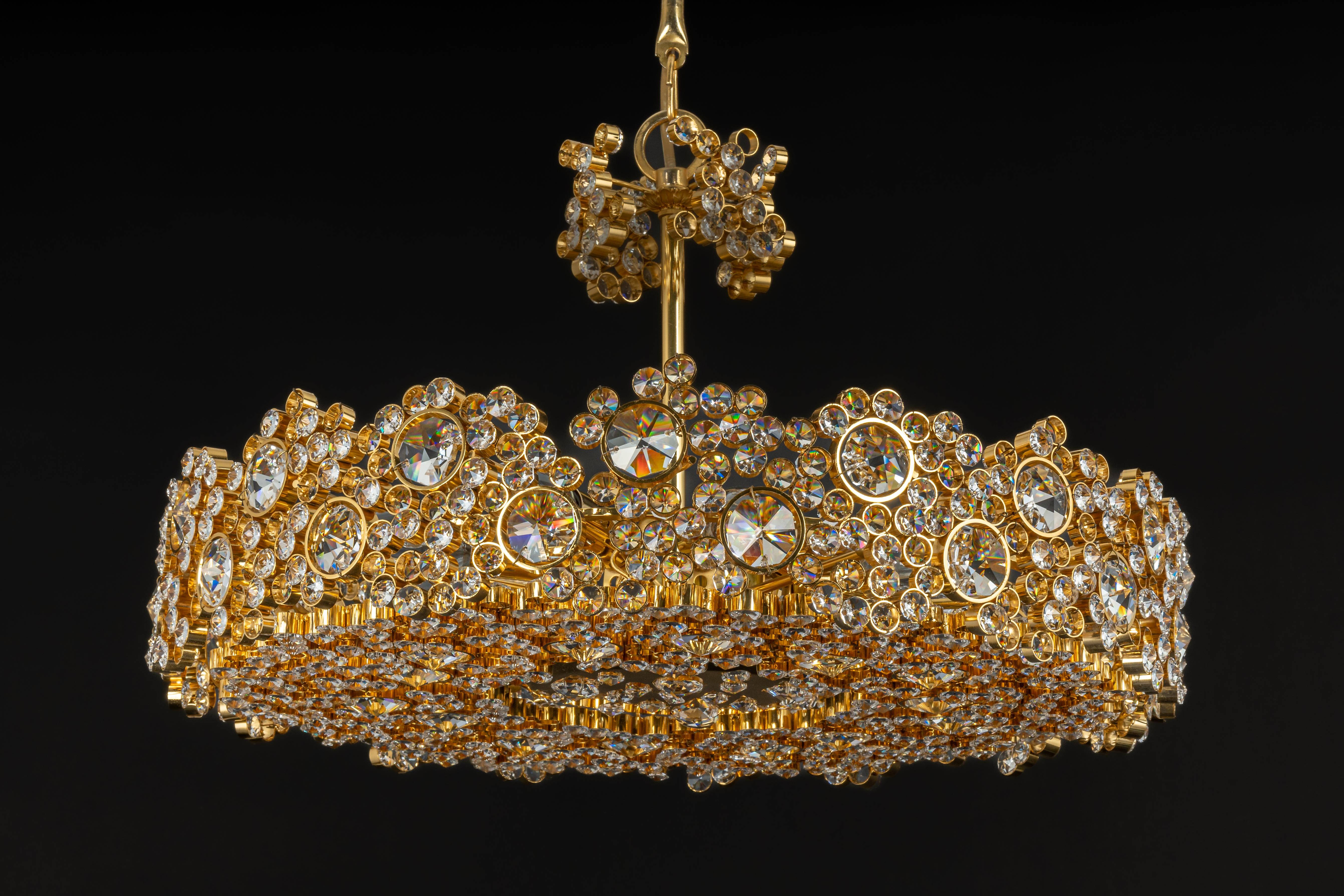 Gilt Brass and Crystal Glass Encrusted Chandeliers by Palwa, Germany, 1970s For Sale 8