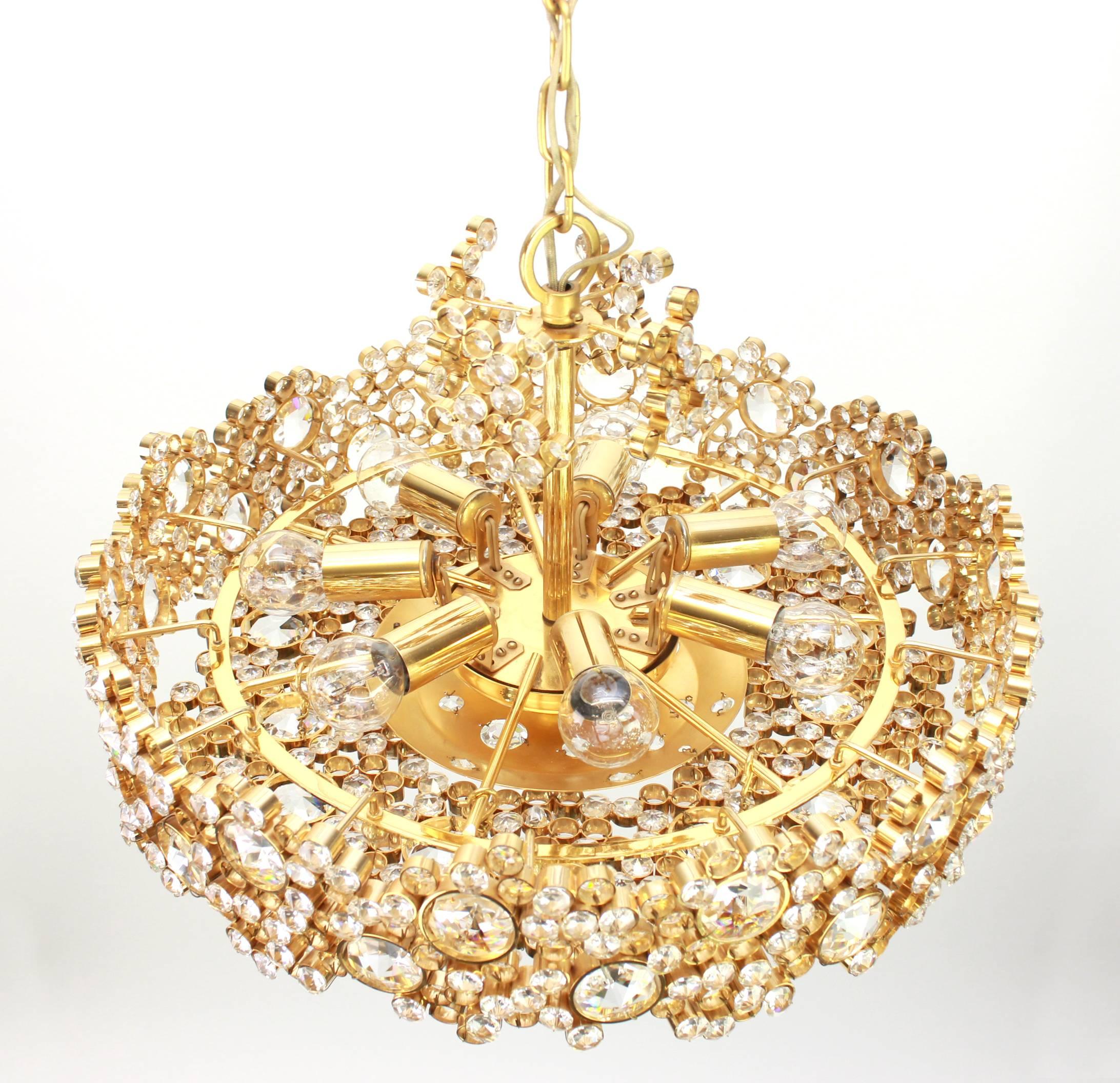 Gilt Brass and Crystal Glass Encrusted Chandeliers by Palwa, Germany, 1970s In Good Condition For Sale In Aachen, NRW