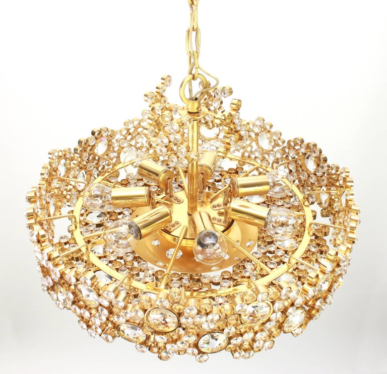 Gilt Brass and Crystal Glass Encrusted Chandeliers by Palwa, Germany, 1970s In Good Condition For Sale In Aachen, NRW