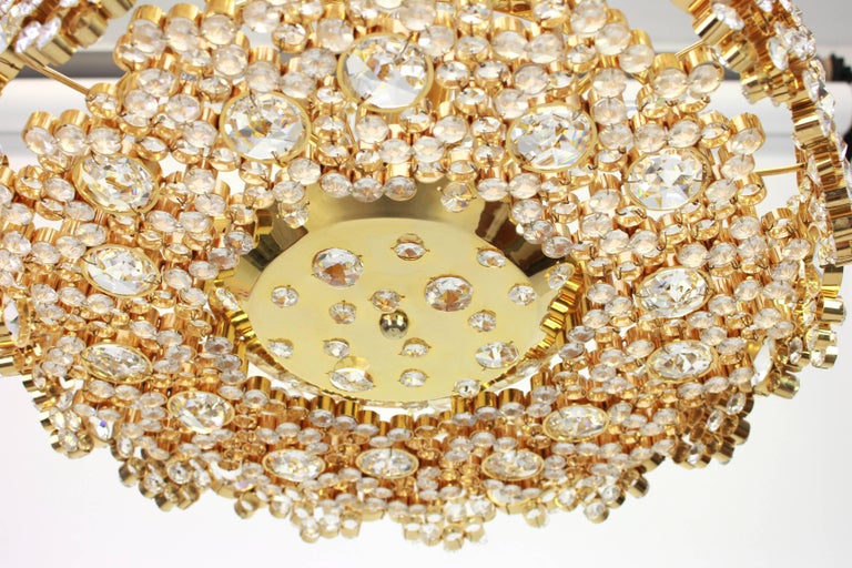 Gold Plate Gilt Brass and Crystal Glass Encrusted Chandeliers by Palwa, Germany, 1970s For Sale