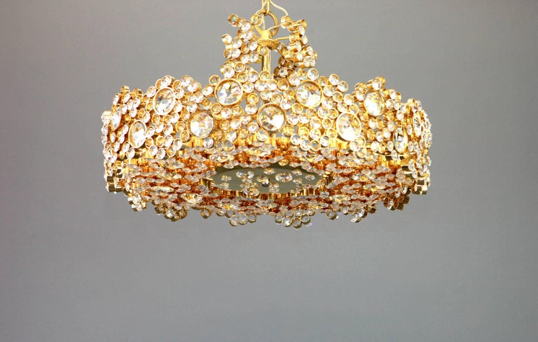 Gilt Brass and Crystal Glass Encrusted Chandeliers by Palwa, Germany, 1970s For Sale 1