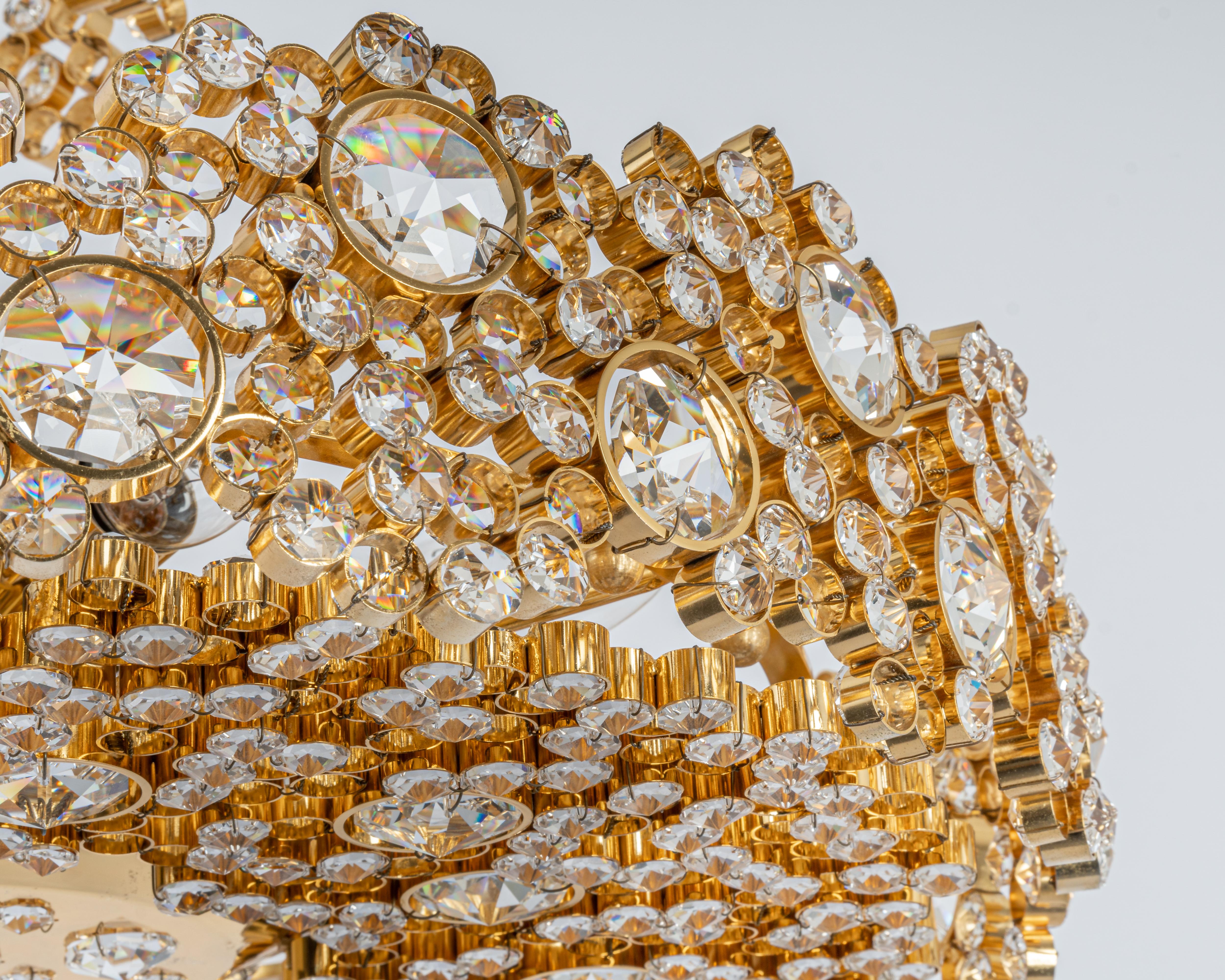 Gilt Brass and Crystal Glass Encrusted Chandeliers by Palwa, Germany, 1970s For Sale 1