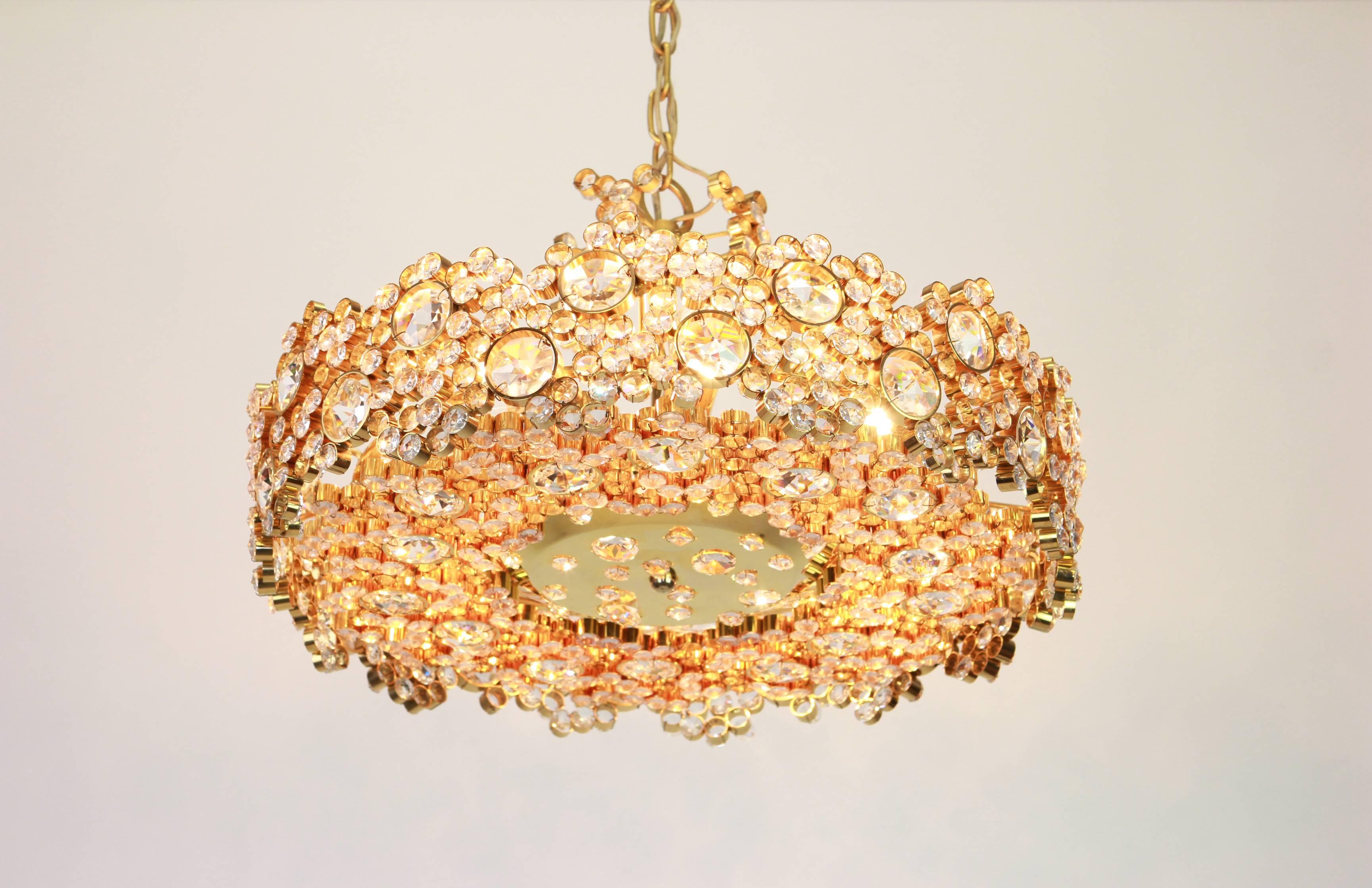 Gilt Brass and Crystal Glass Encrusted Chandeliers by Palwa, Germany, 1970s For Sale 2