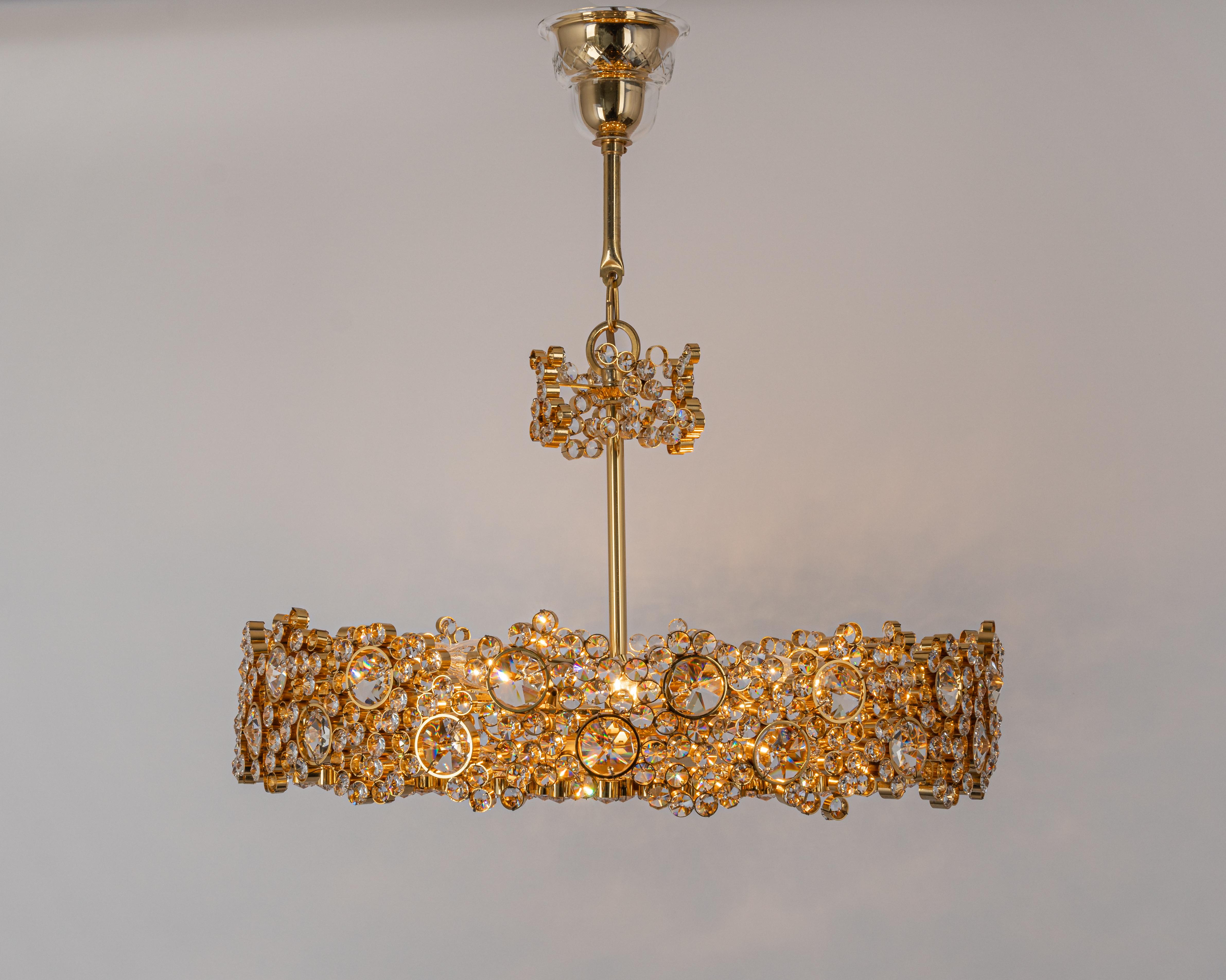 Gilt Brass and Crystal Glass Encrusted Chandeliers by Palwa, Germany, 1970s For Sale 2