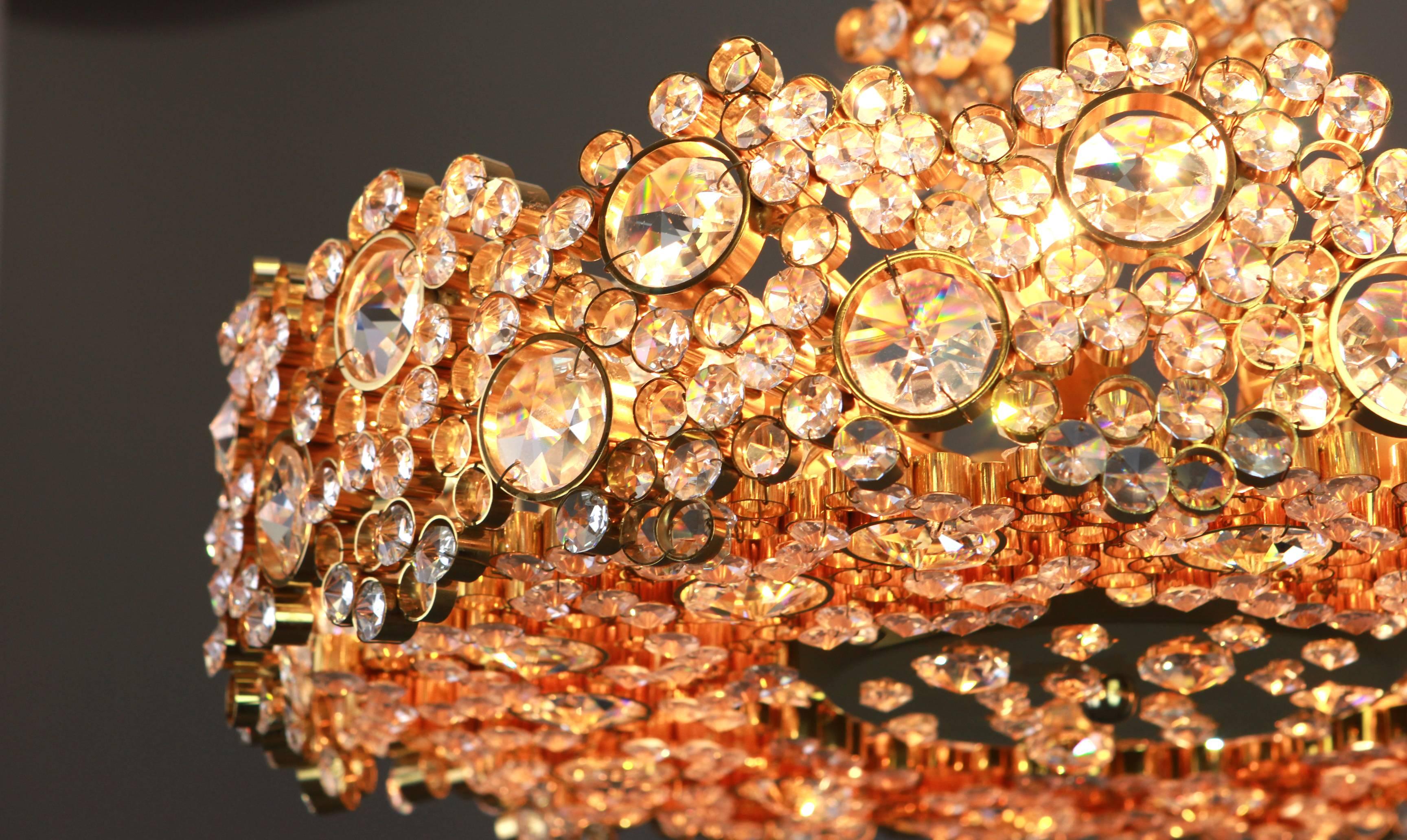 Gilt Brass and Crystal Glass Encrusted Chandeliers by Palwa, Germany, 1970s For Sale 3