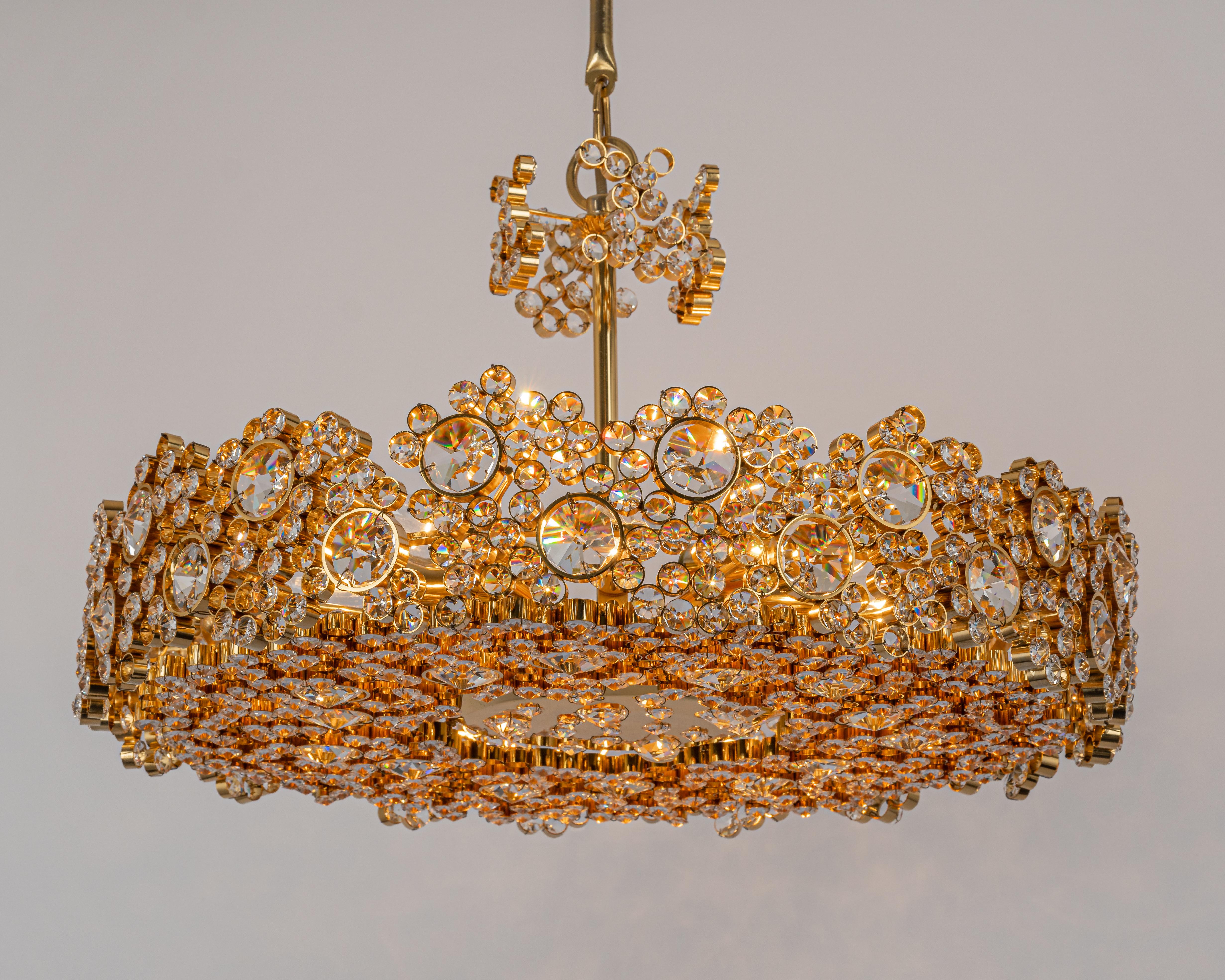 Gilt Brass and Crystal Glass Encrusted Chandeliers by Palwa, Germany, 1970s For Sale 3