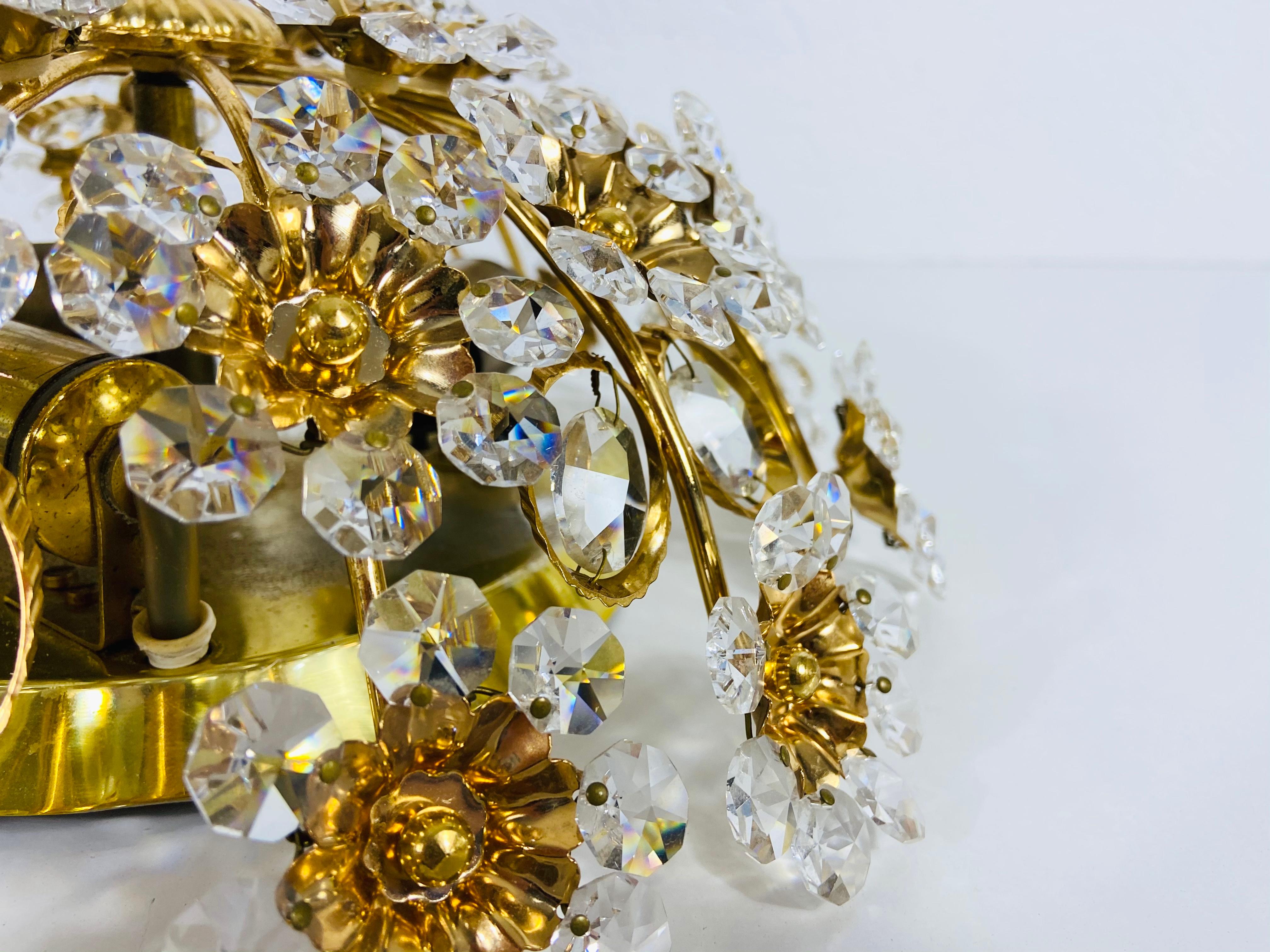 Gilt Brass and Crystal Glass Flush Mount by Palwa, Germany, 1970s For Sale 9