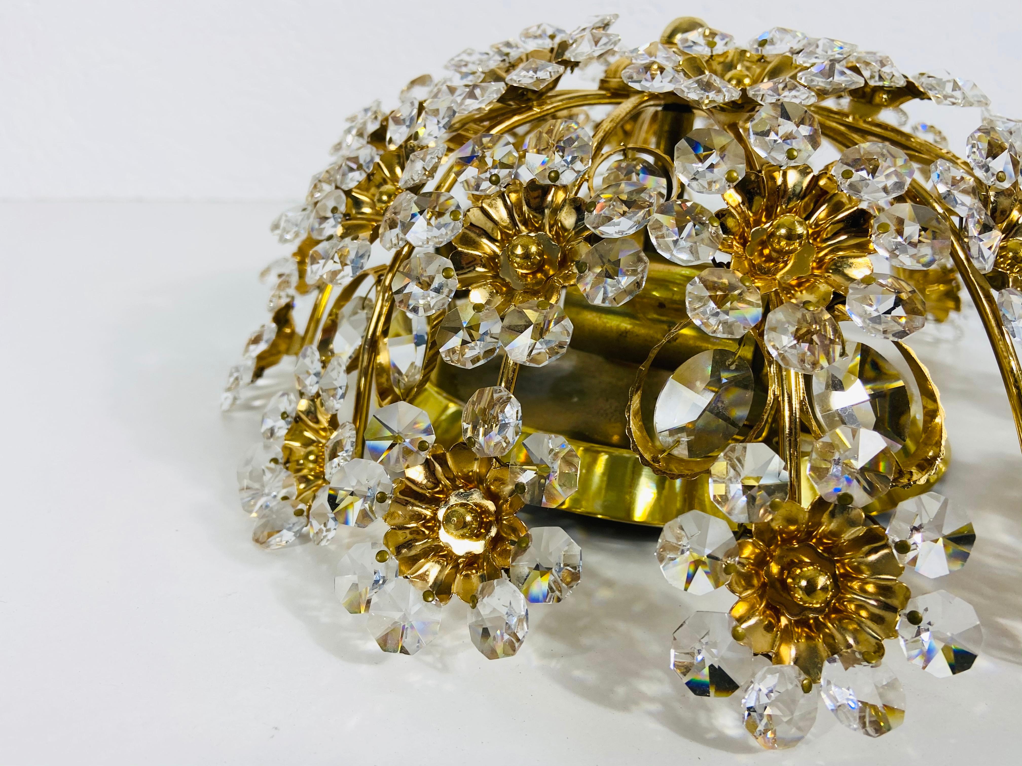 Gilt Brass and Crystal Glass Flush Mount by Palwa, Germany, 1970s For Sale 10