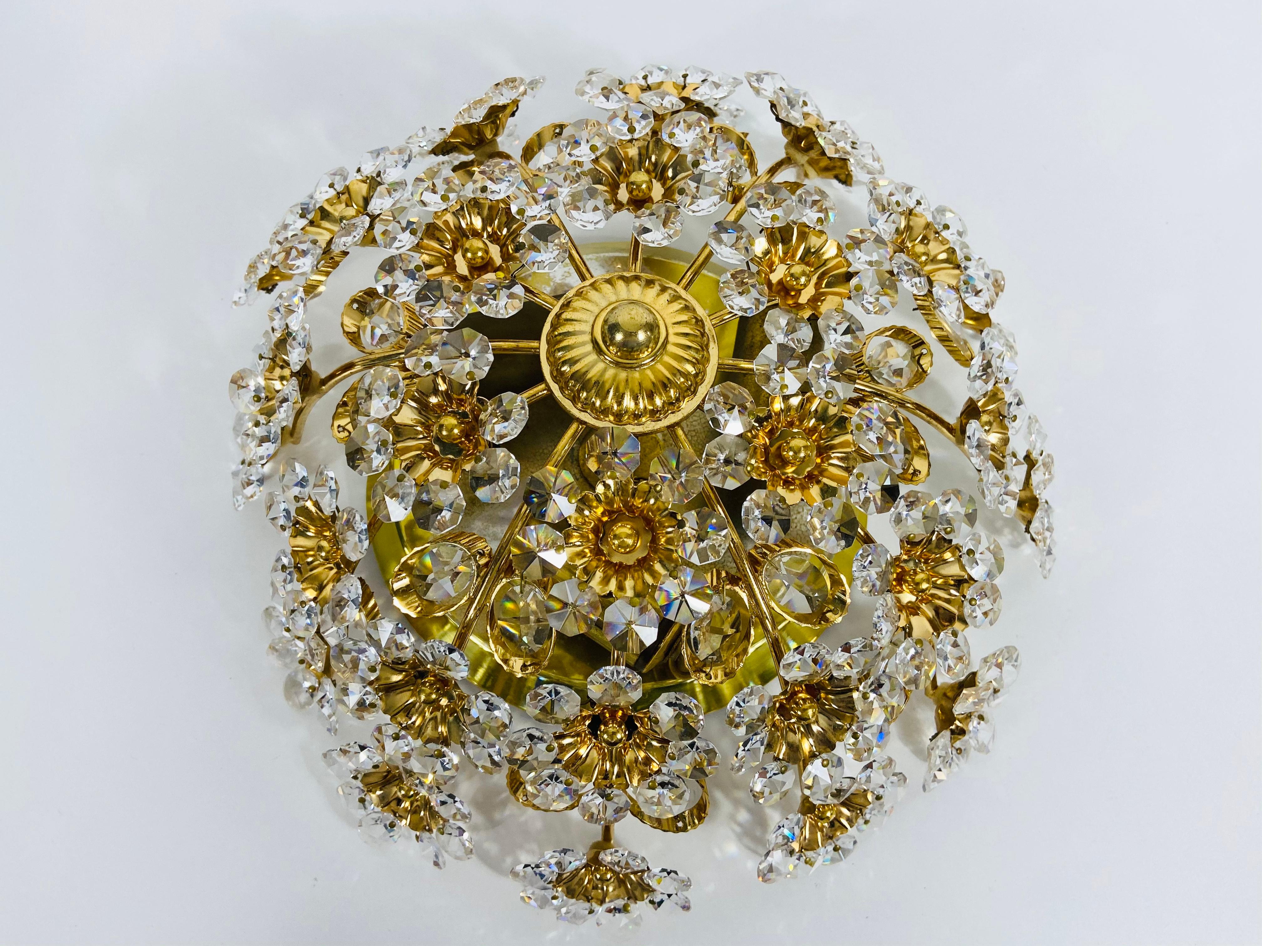 Gilt Brass and Crystal Glass Flush Mount by Palwa, Germany, 1970s For Sale 15