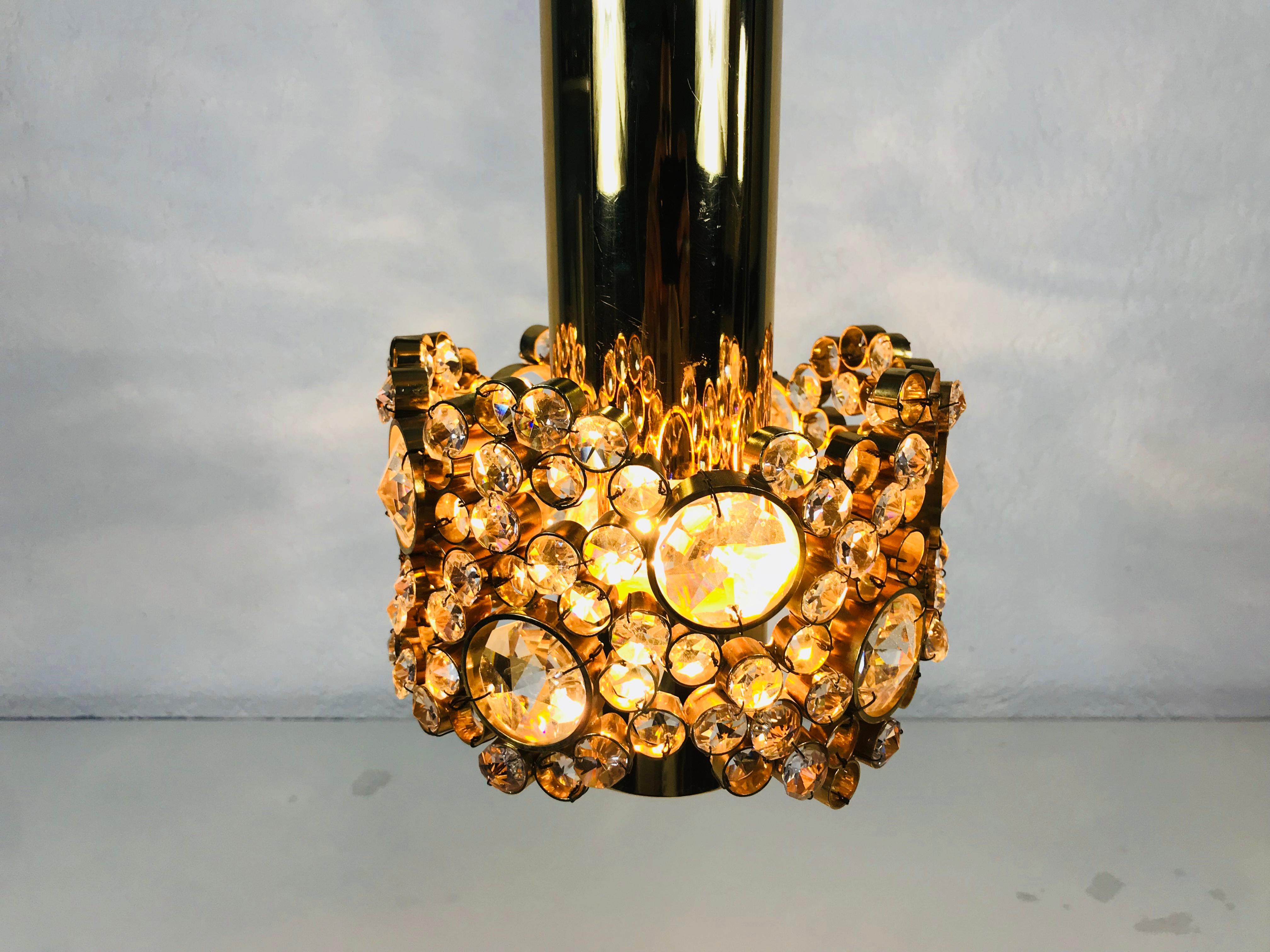 Hollywood Regency Gilt Brass and Crystal Glass Chandelier by Palwa, Germany, 1970s For Sale