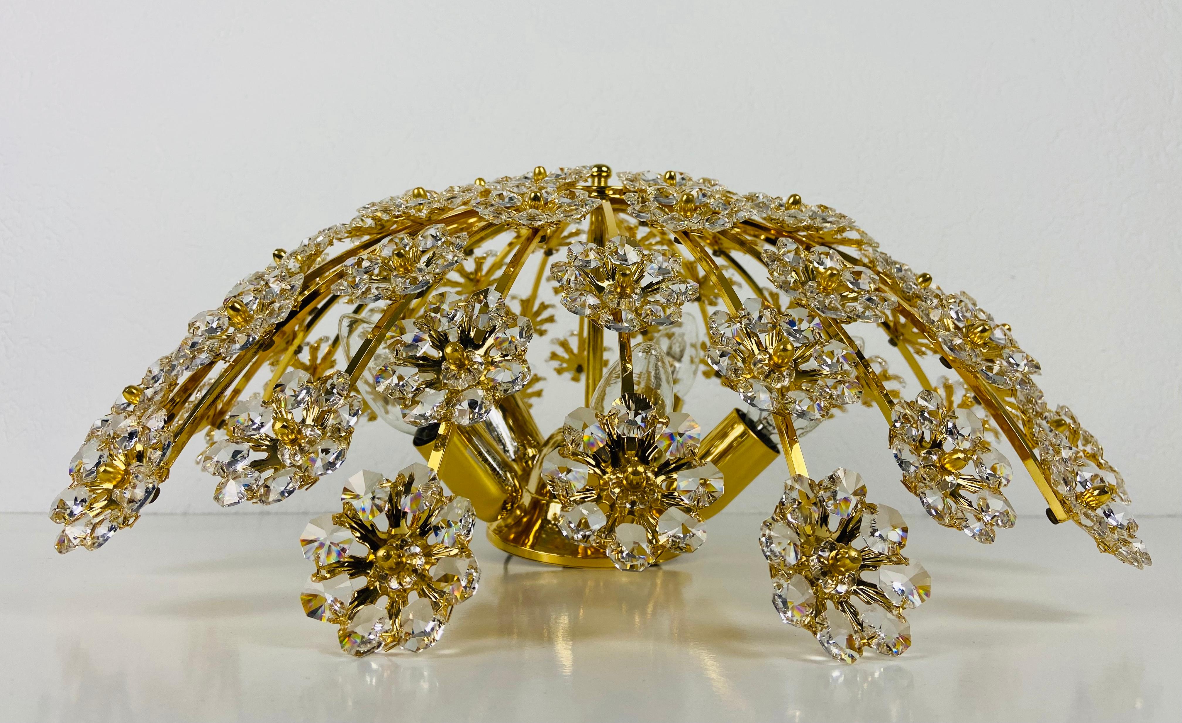 Hollywood Regency Gilt Brass and Crystal Glass Flush Mount by Palwa, Germany, 1970s For Sale