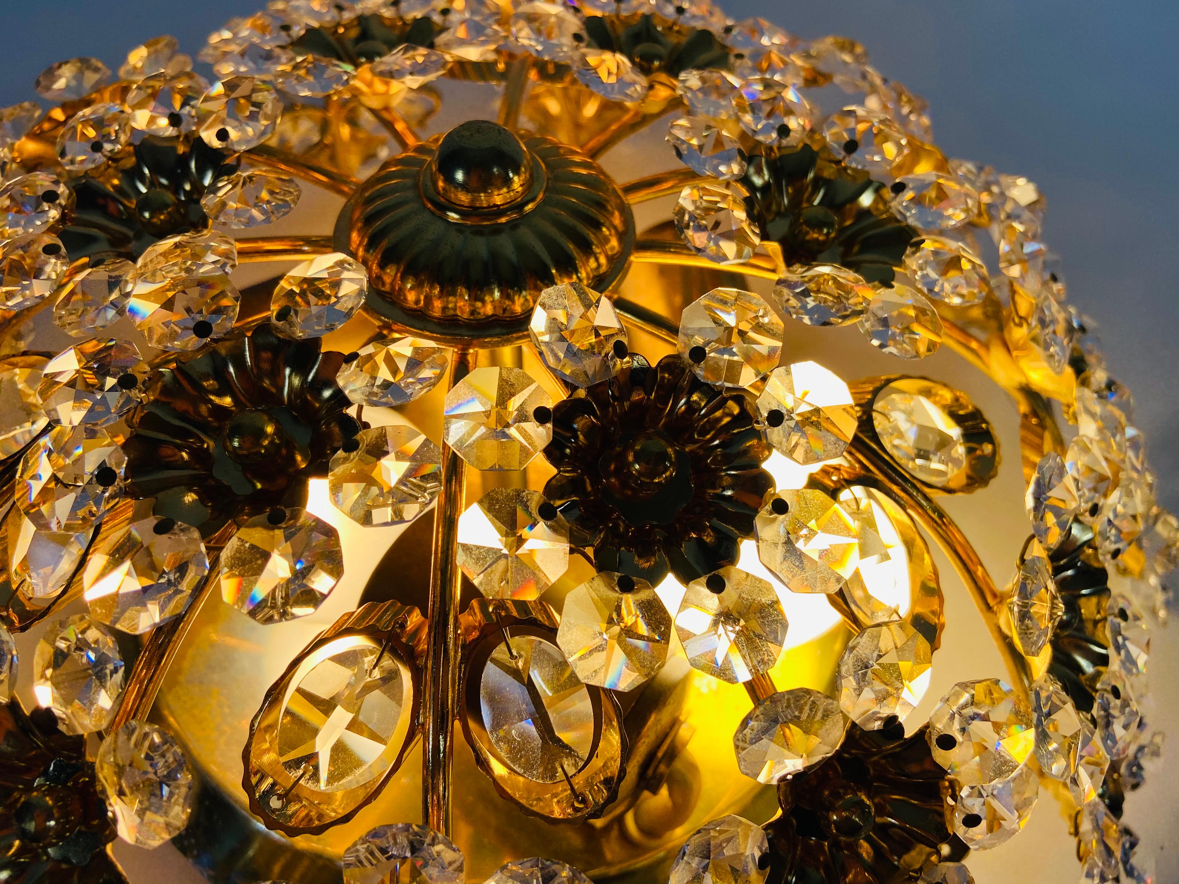 Late 20th Century Gilt Brass and Crystal Glass Flush Mount by Palwa, Germany, 1970s For Sale