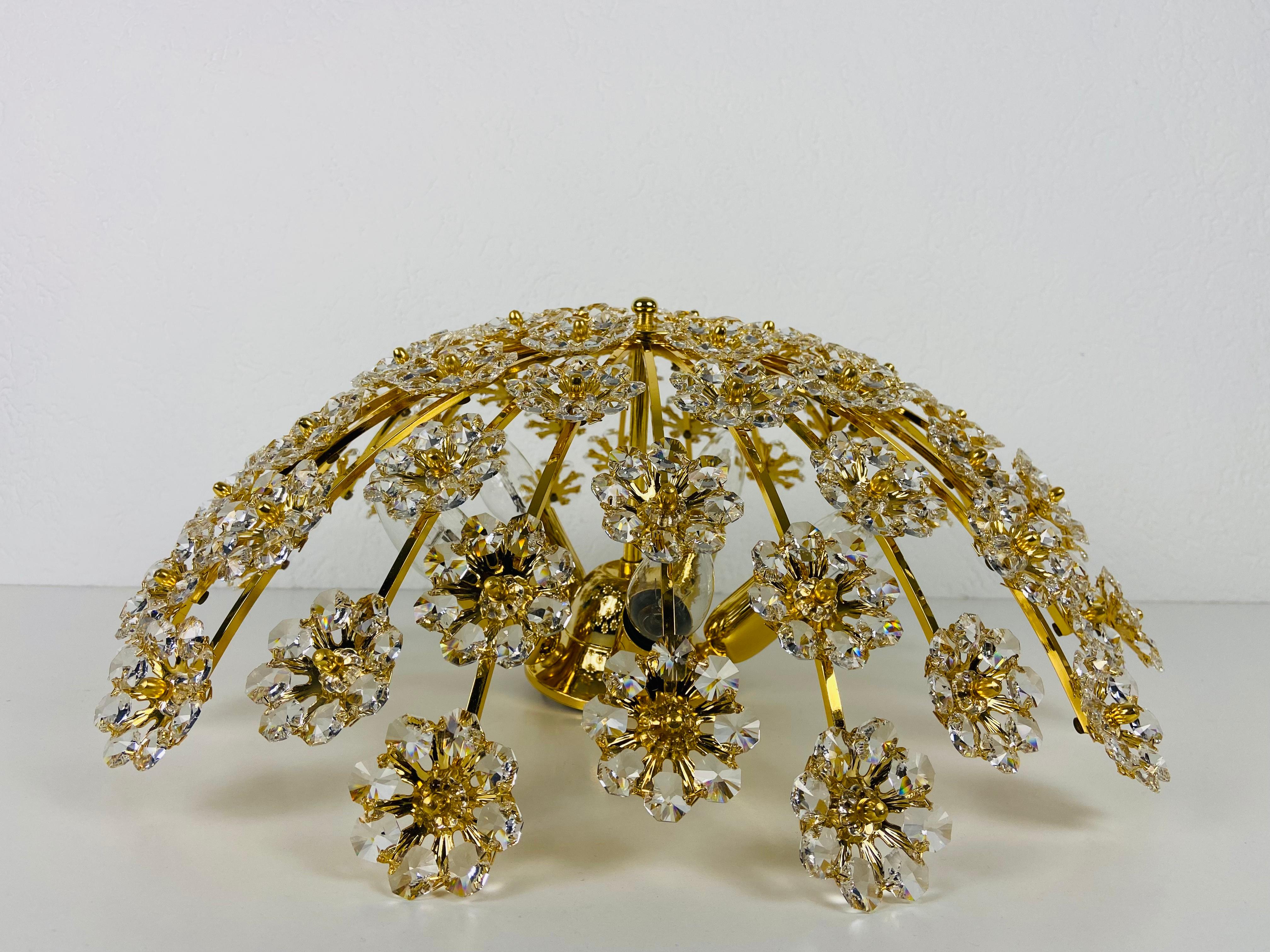 Late 20th Century Gilt Brass and Crystal Glass Flush Mount by Palwa, Germany, 1970s For Sale