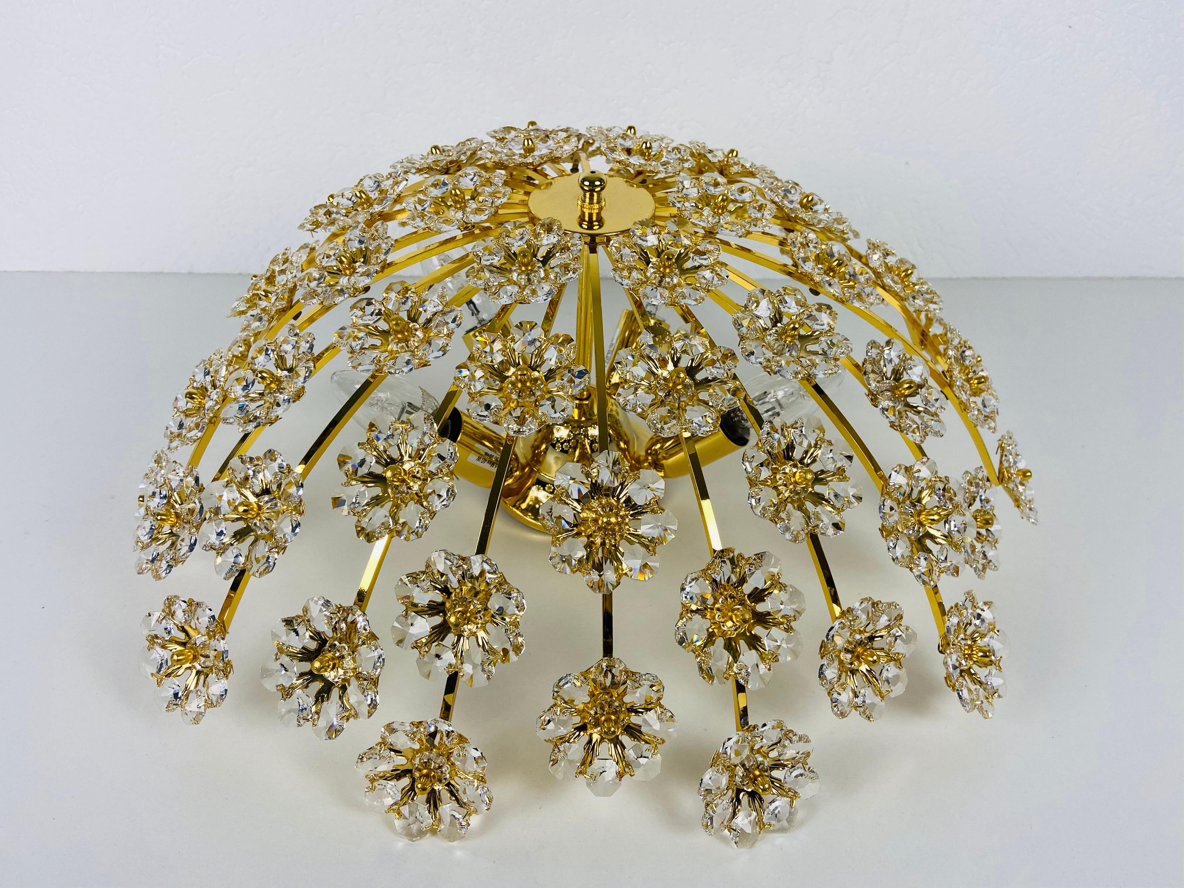 Gilt Brass and Crystal Glass Flush Mount by Palwa, Germany, 1970s For Sale 1