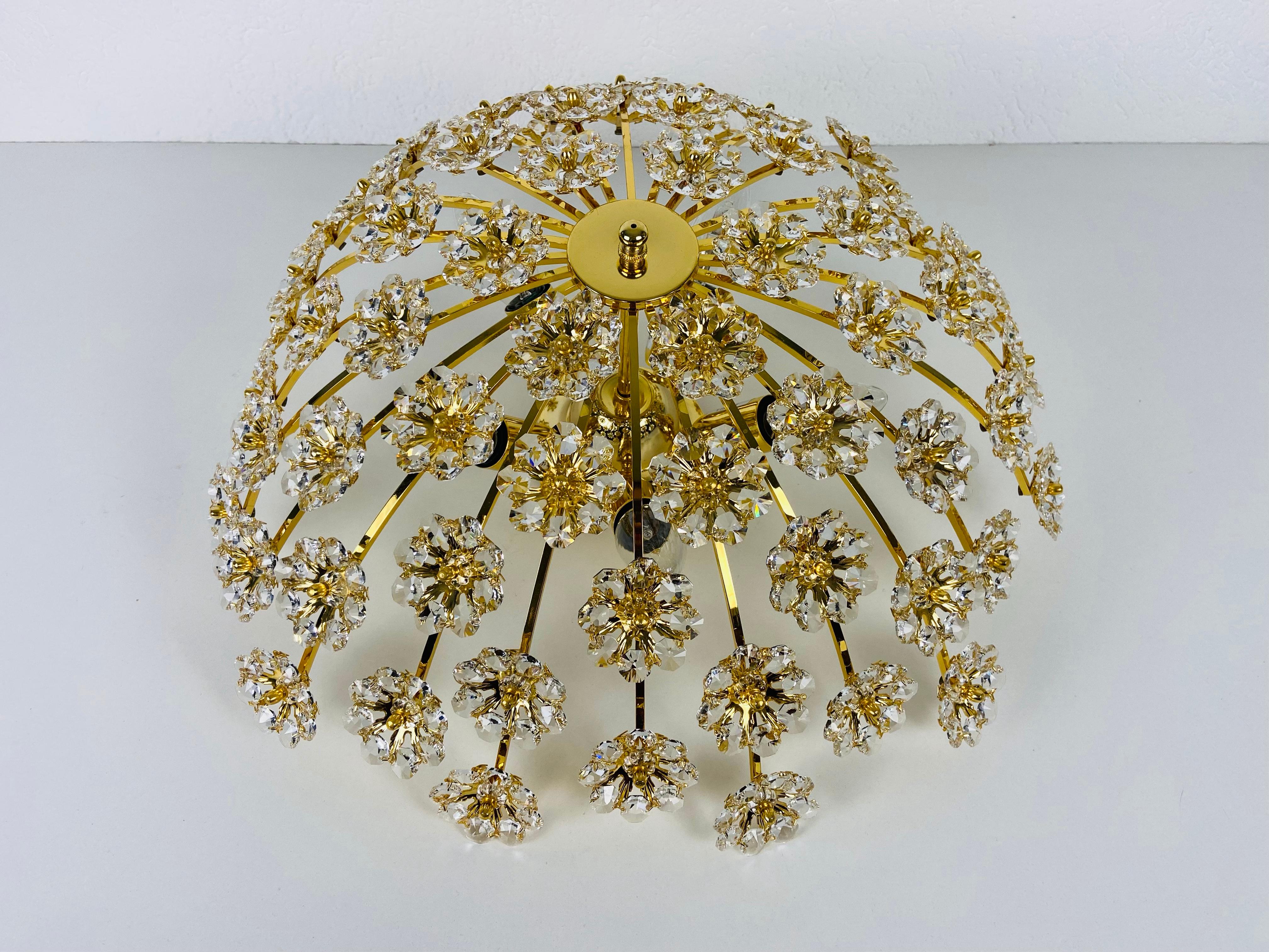 Gilt Brass and Crystal Glass Flush Mount by Palwa, Germany, 1970s For Sale 2