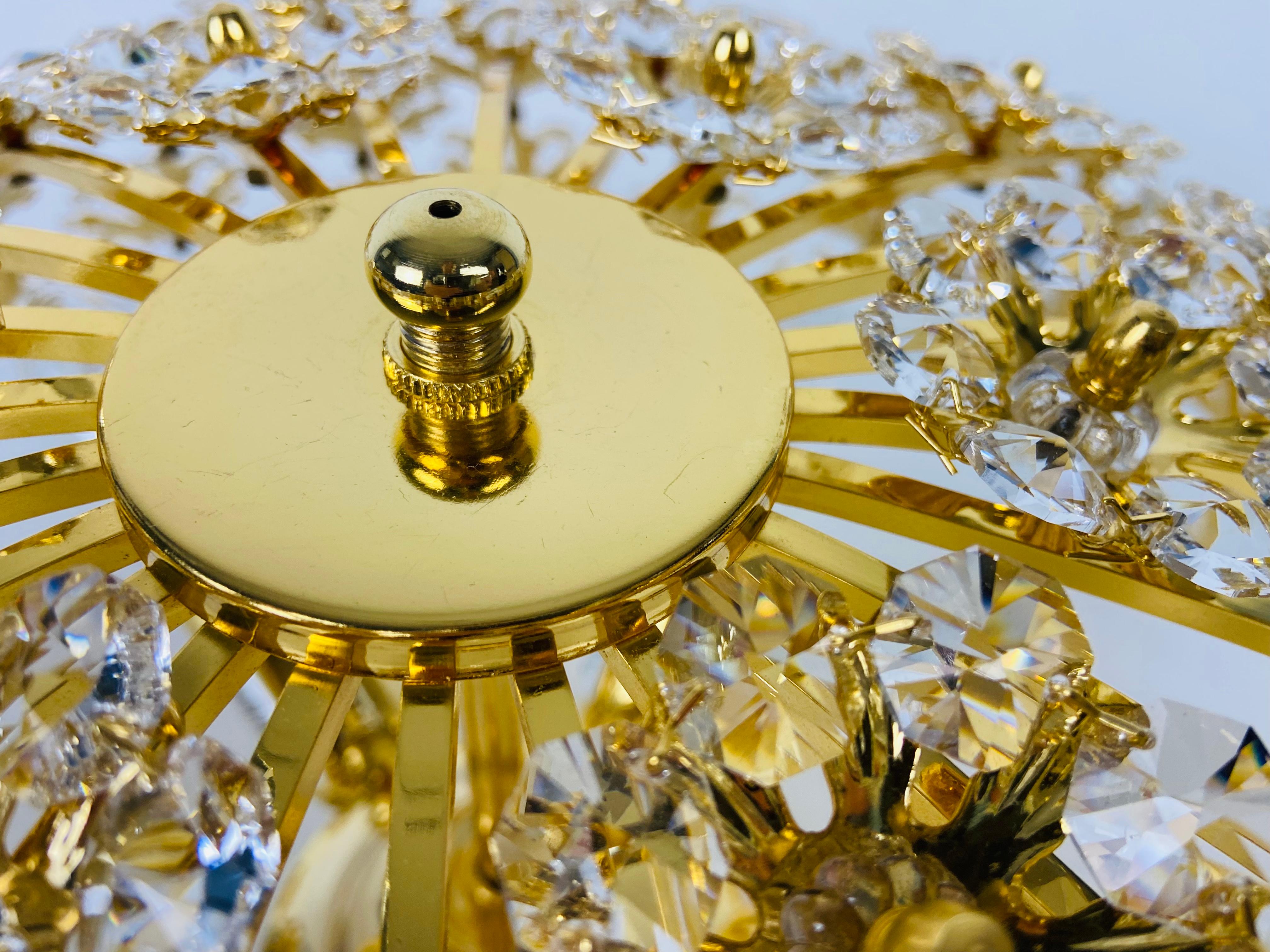 Gilt Brass and Crystal Glass Flush Mount by Palwa, Germany, 1970s For Sale 3