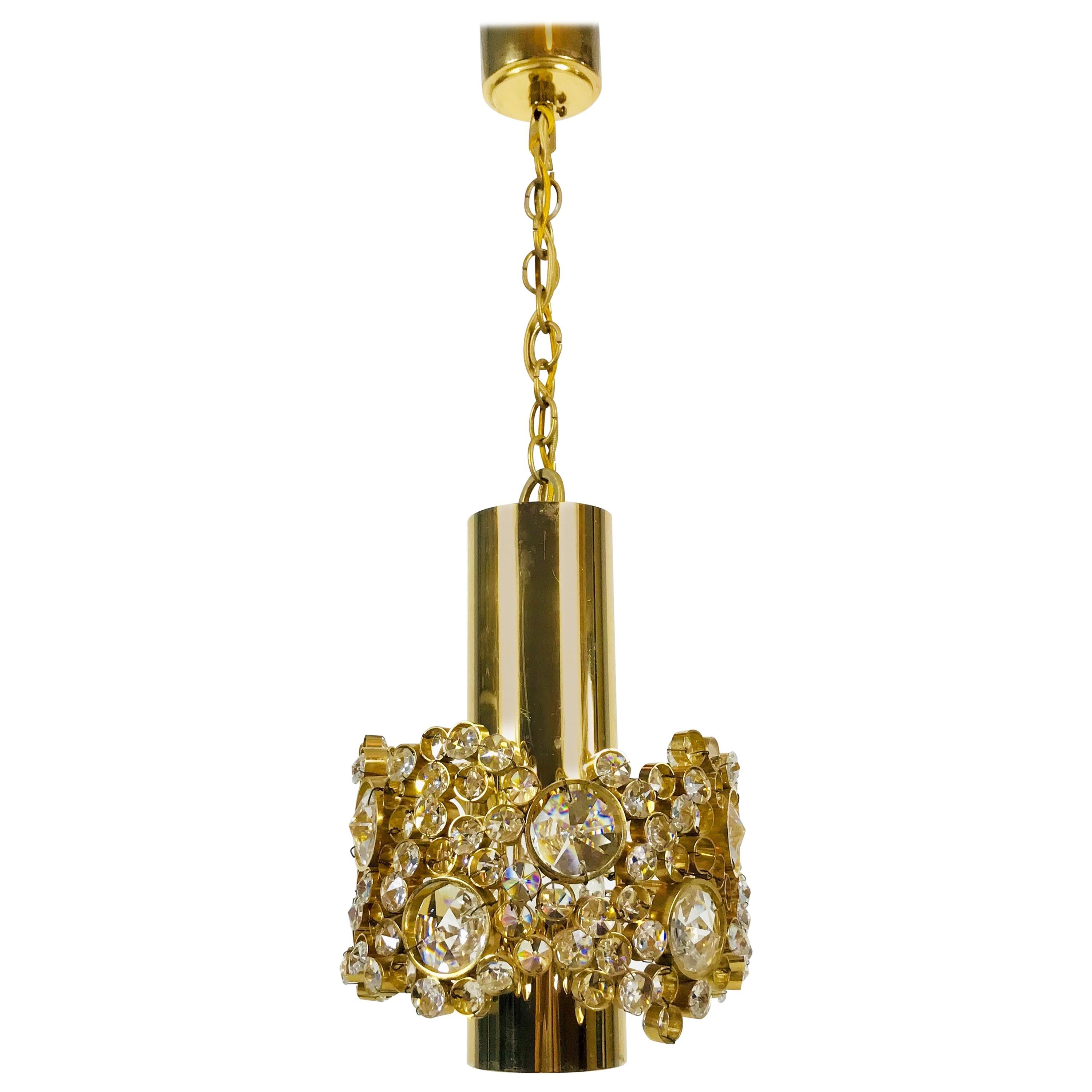 Gilt Brass and Crystal Glass Chandelier by Palwa, Germany, 1970s For Sale