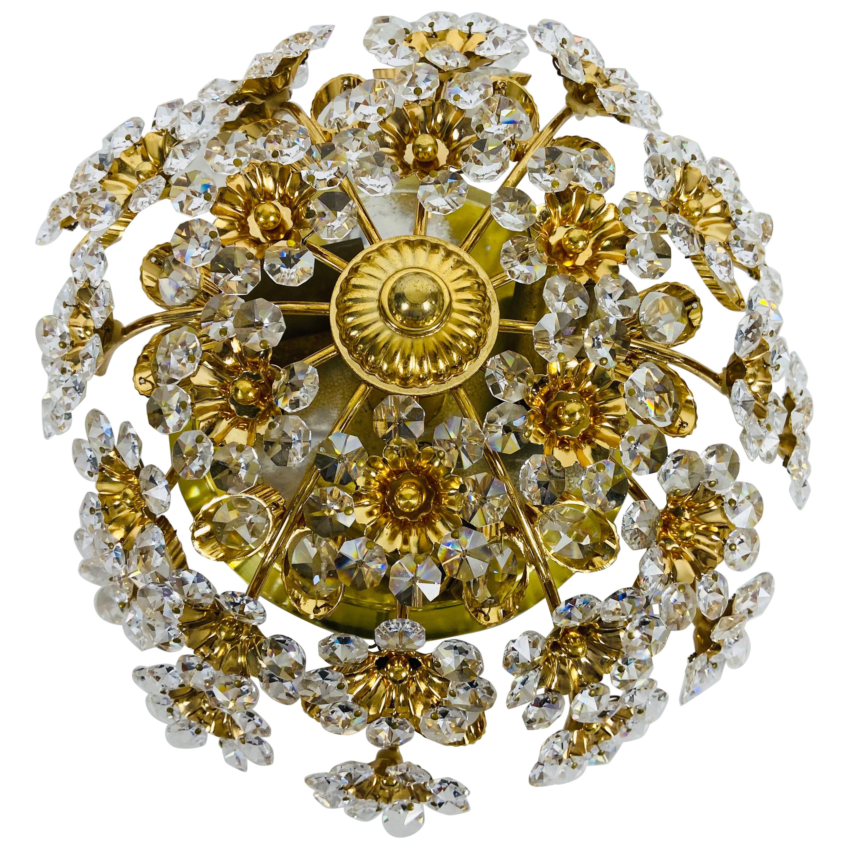 Gilt Brass and Crystal Glass Flush Mount by Palwa, Germany, 1970s For Sale