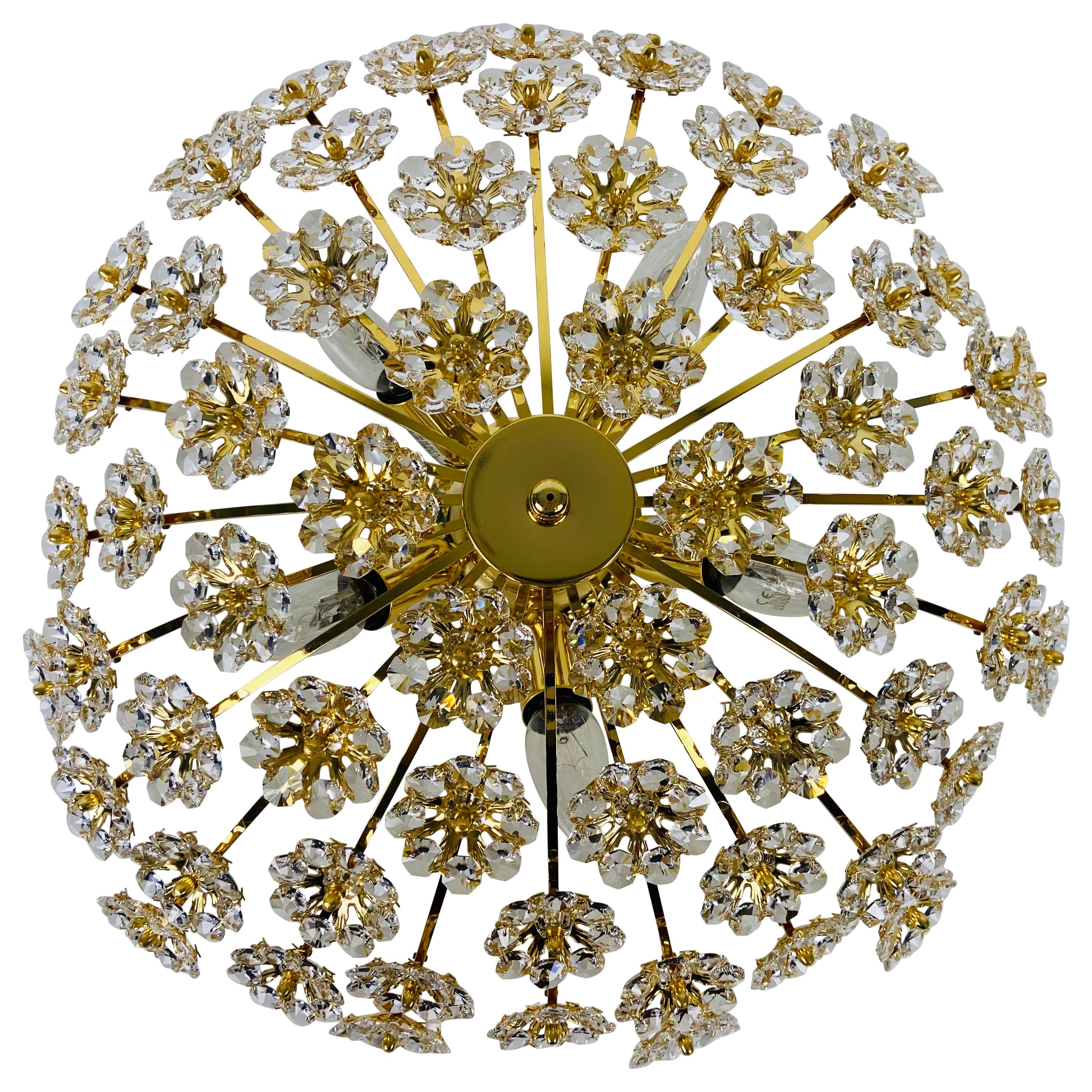 Gilt Brass and Crystal Glass Flush Mount by Palwa, Germany, 1970s For Sale