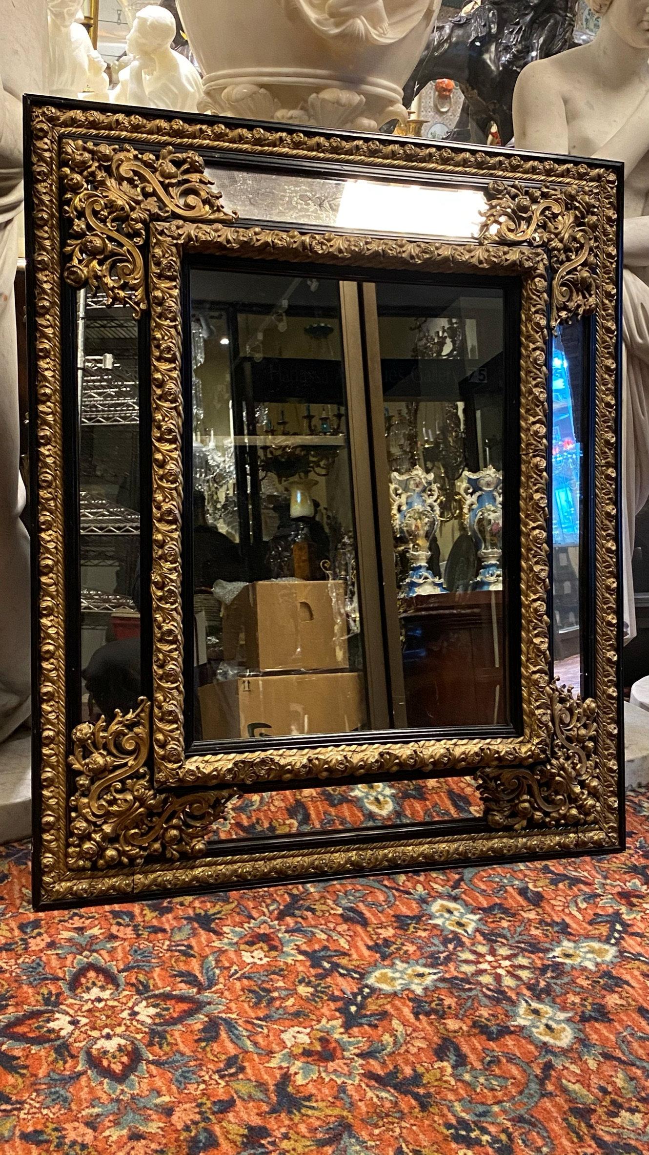 Rococo Gilt Brass and Ebonized Wooden Overmantel Mirror