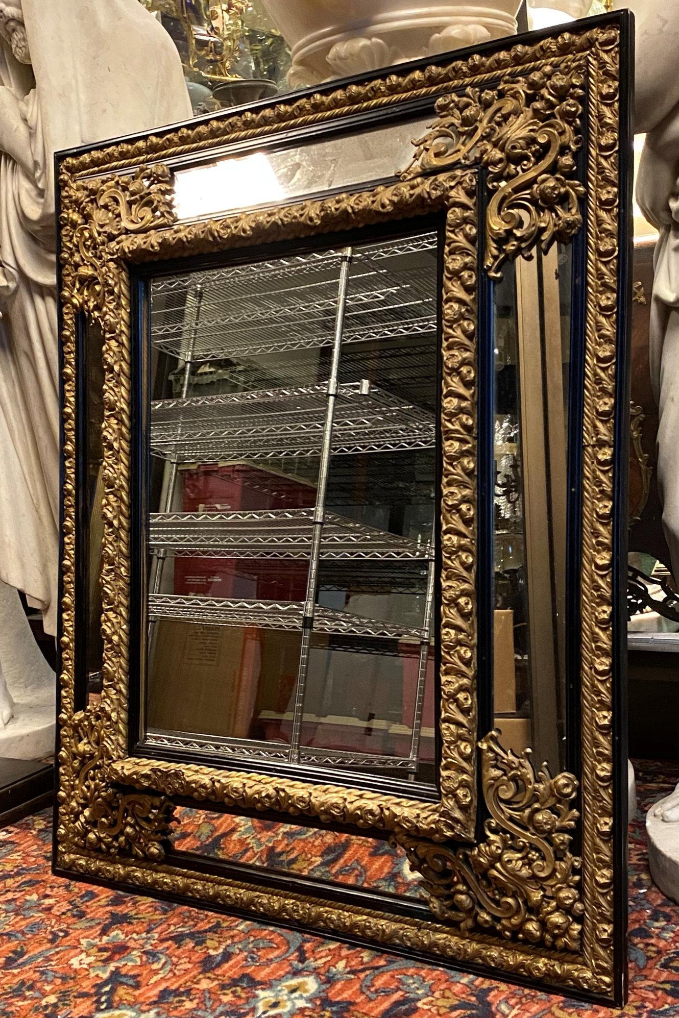 French Gilt Brass and Ebonized Wooden Overmantel Mirror