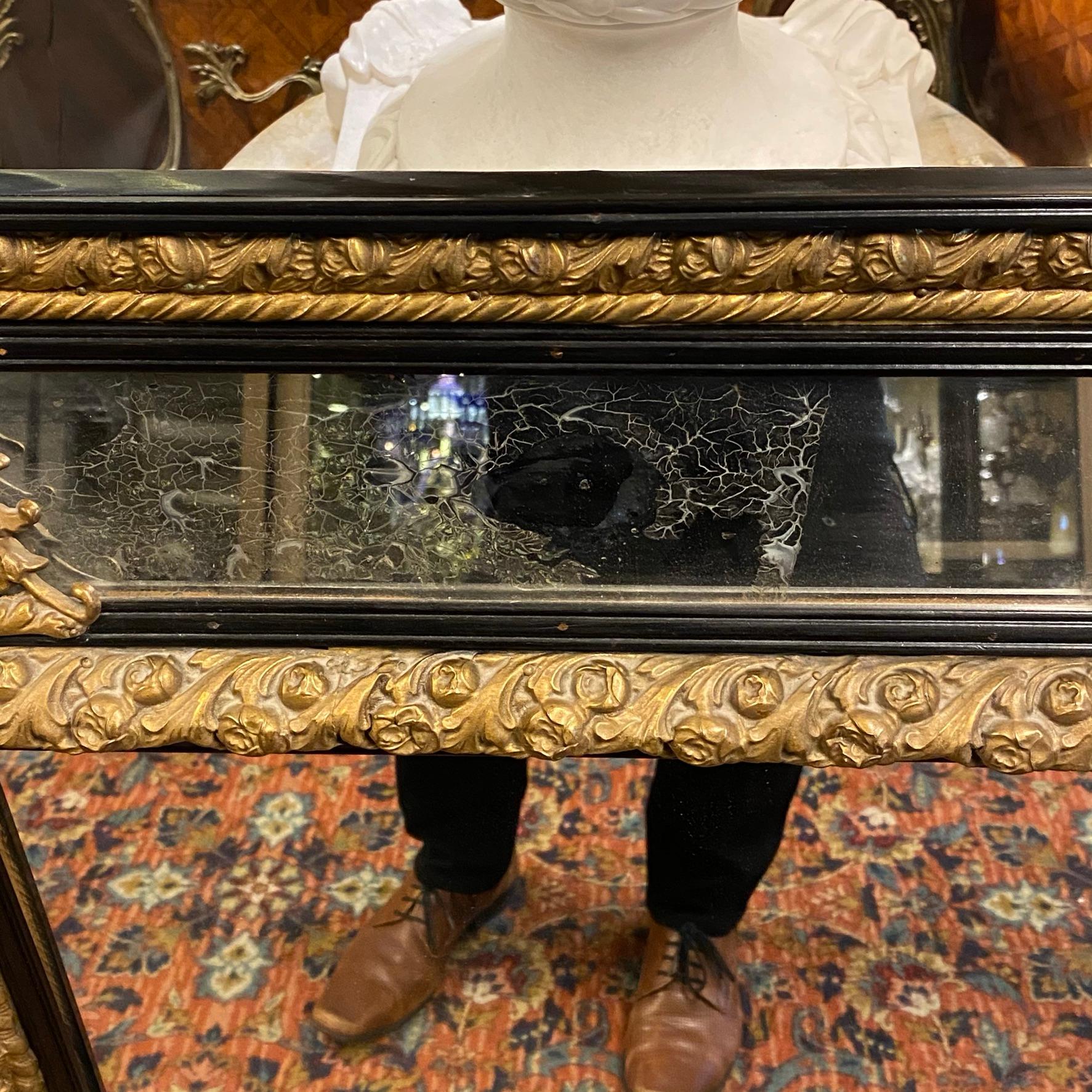 Gilt Brass and Ebonized Wooden Overmantel Mirror In Good Condition In New York, NY