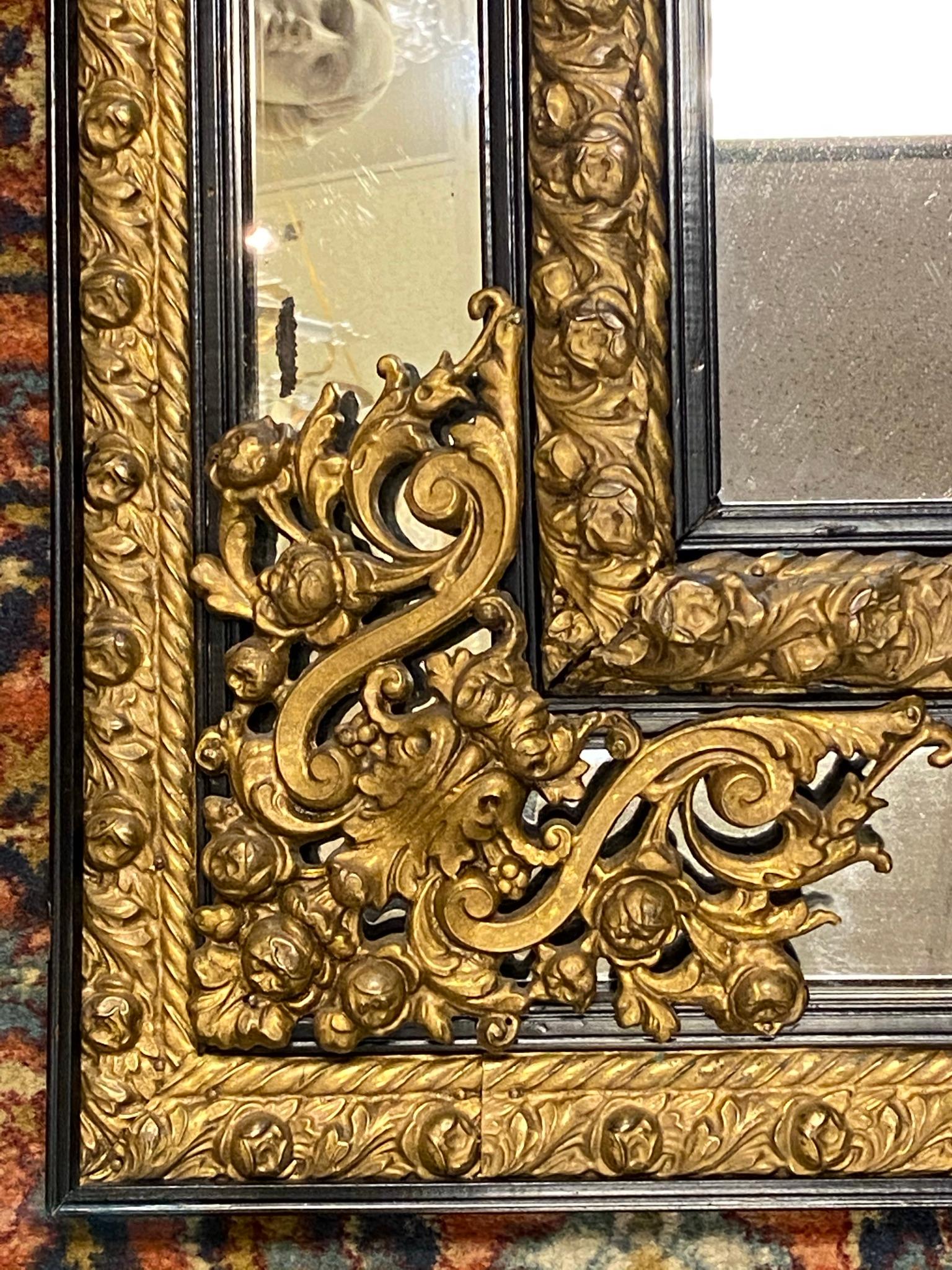 Gilt Brass and Ebonized Wooden Overmantel Mirror 1