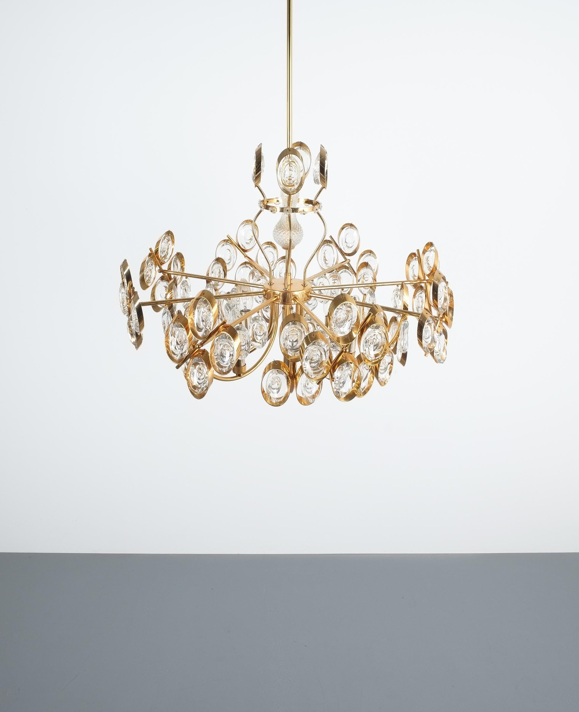 German Gilt Brass and Glass Chandelier Lamp by Palwa, 1970 For Sale