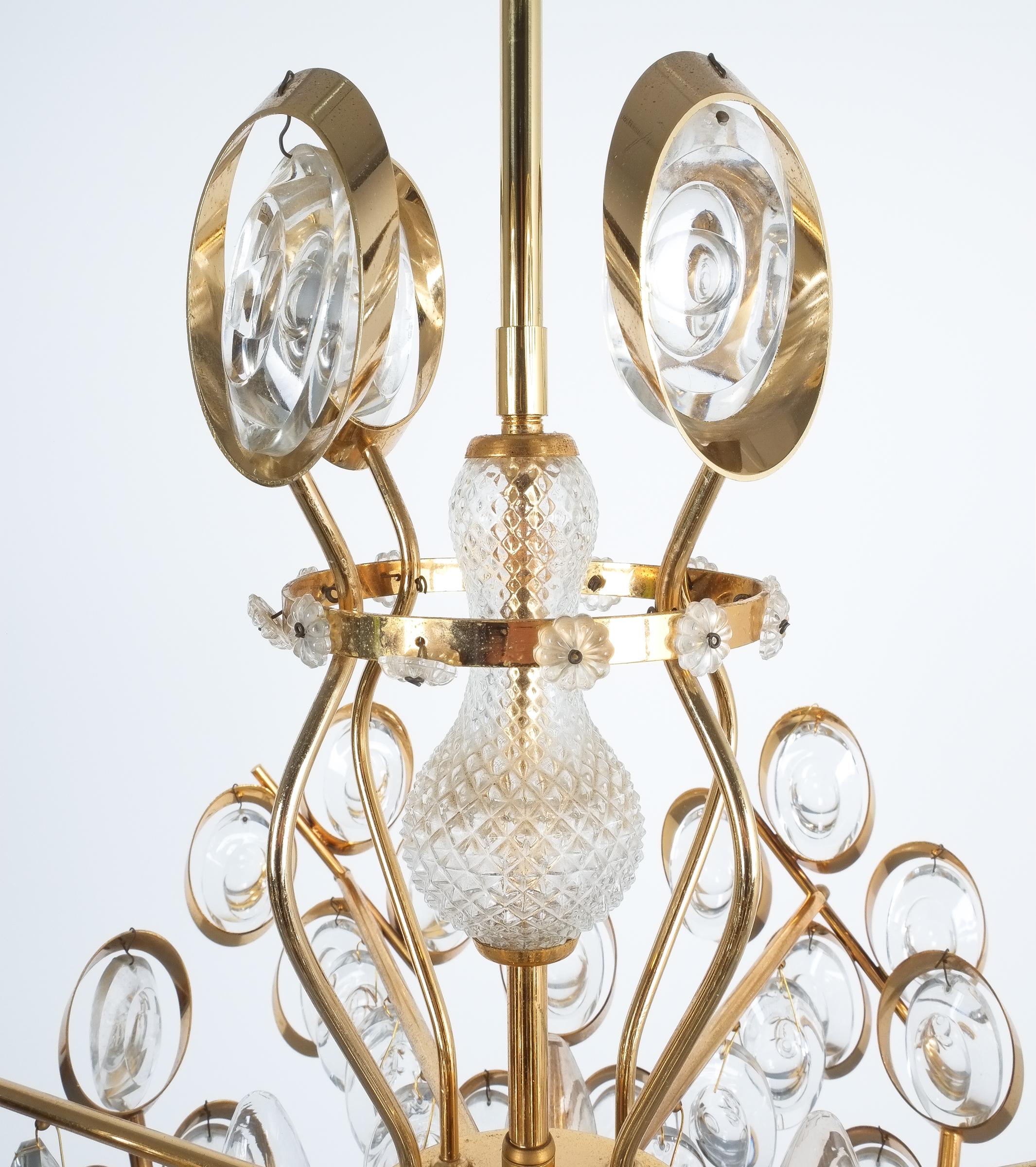 Gilt Brass and Glass Chandelier Lamp by Palwa, 1970 For Sale 1