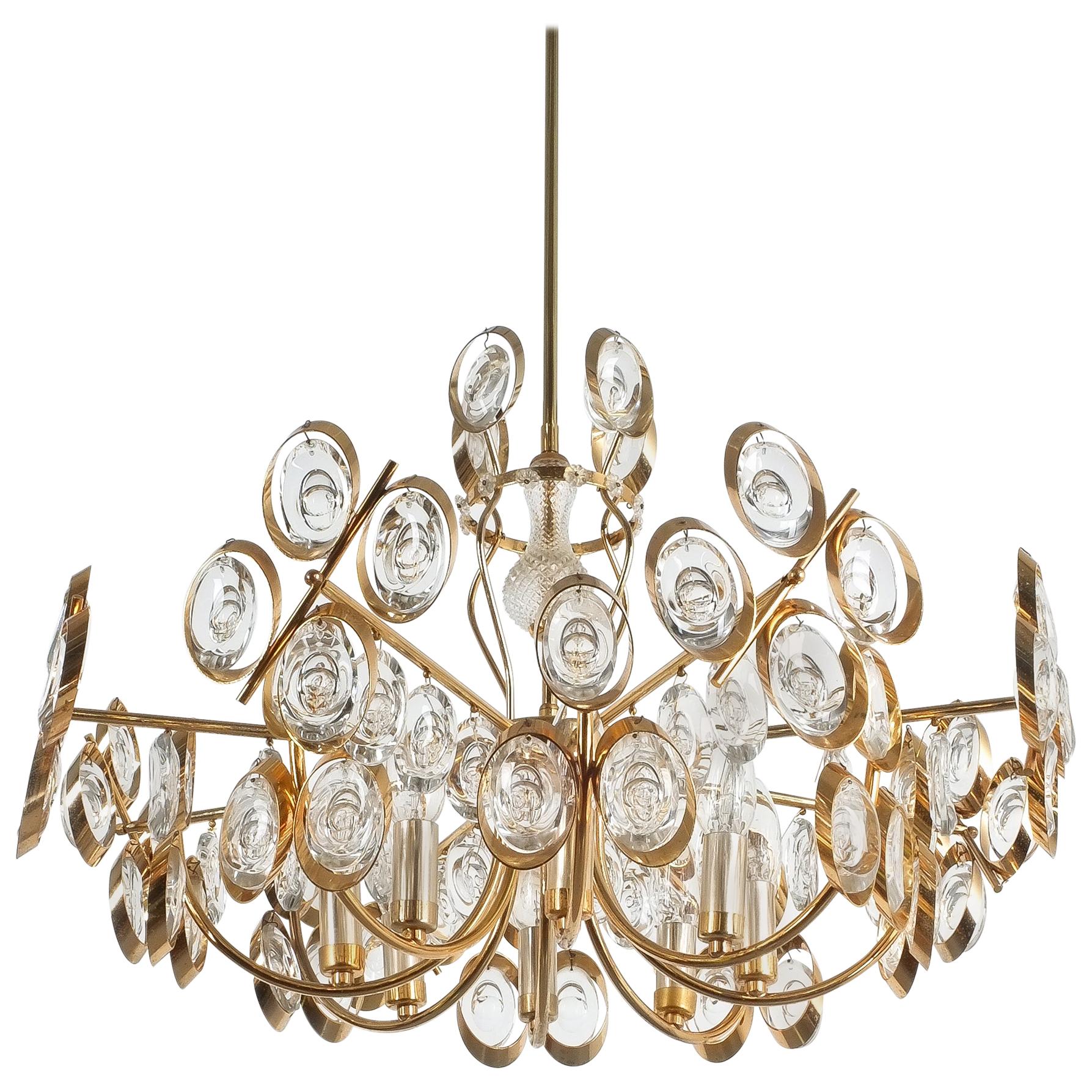 Gilt Brass and Glass Chandelier Lamp by Palwa, 1970