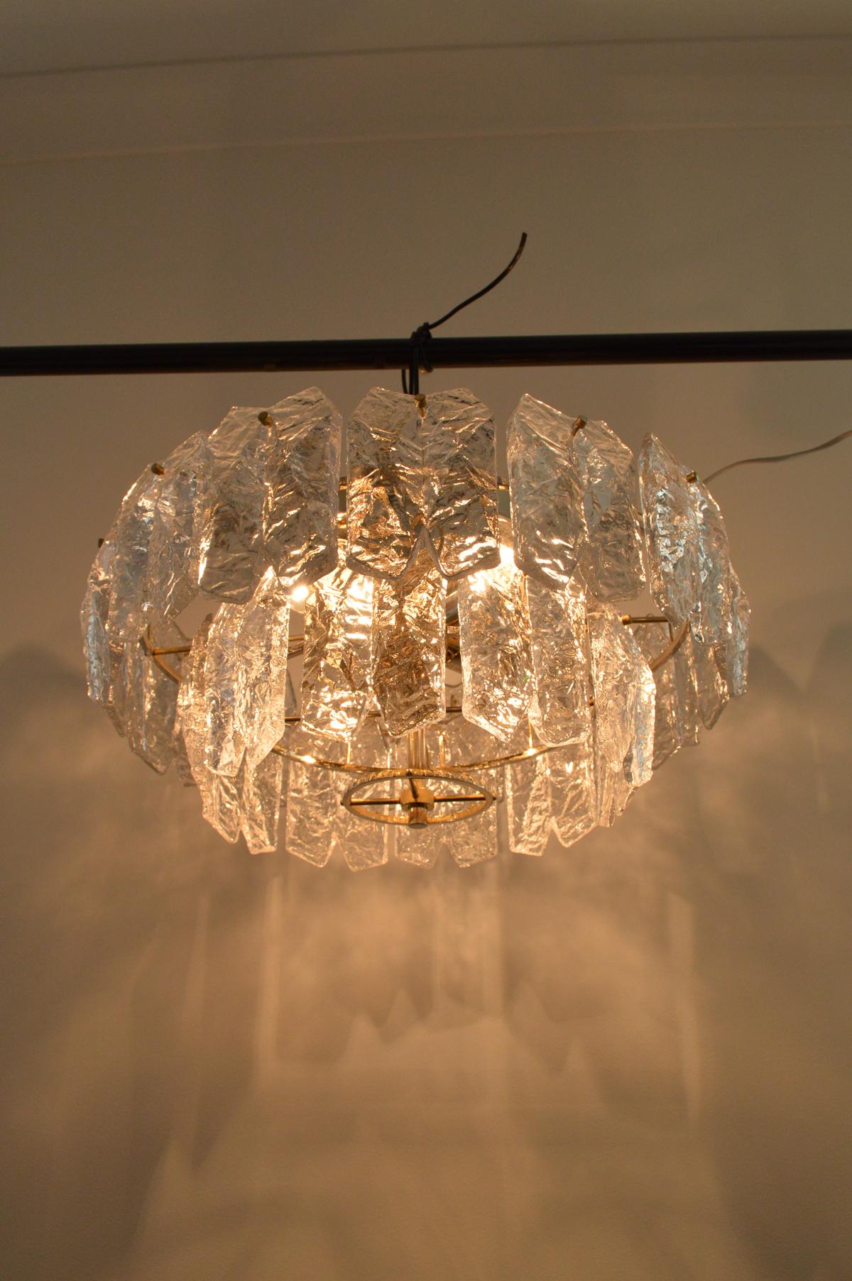 Hollywood Regency Gilt Brass and Ice Glass Brutalist Palazzo Flush Light by Kalmar, Austria For Sale