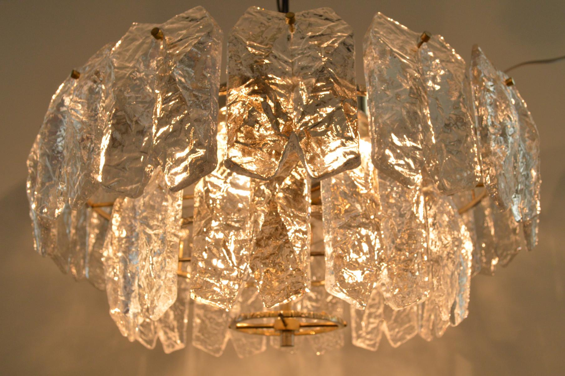 Austrian Gilt Brass and Ice Glass Brutalist Palazzo Flush Light by Kalmar, Austria For Sale