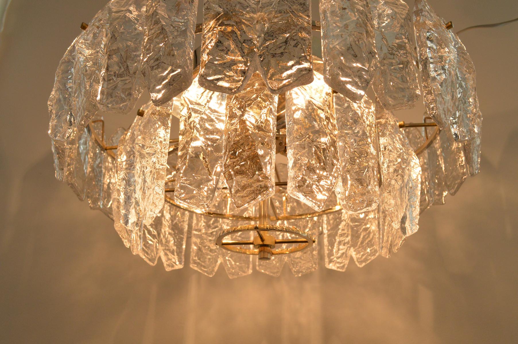 Gilt Brass and Ice Glass Brutalist Palazzo Flush Light by Kalmar, Austria In Good Condition For Sale In London, GB