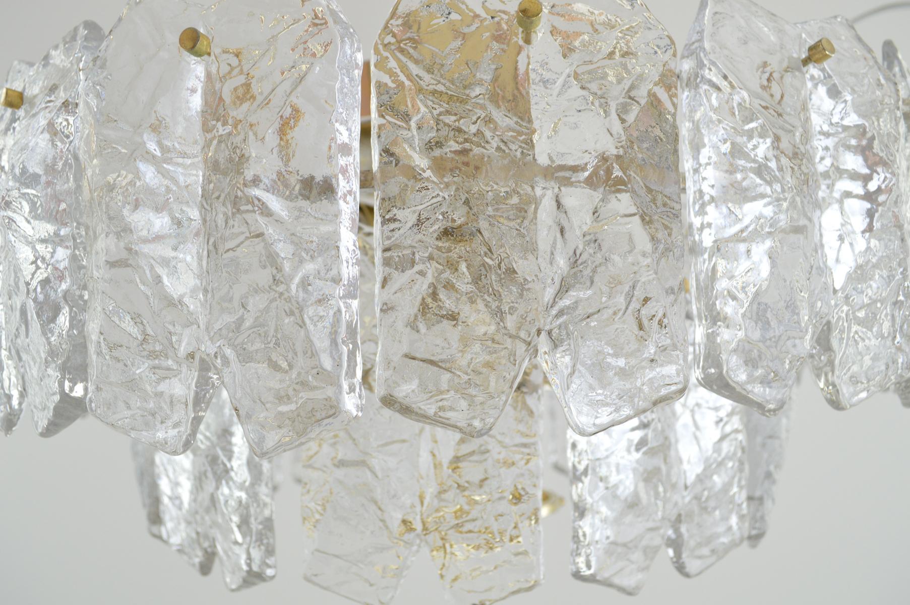 Gilt Brass and Ice Glass Brutalist Palazzo Flush Light by Kalmar, Austria For Sale 1