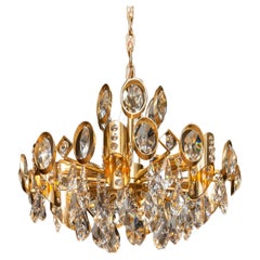 Gilt Brass And Large Faceted Crystals Chandelier by Ernest Palme Austria 1960s