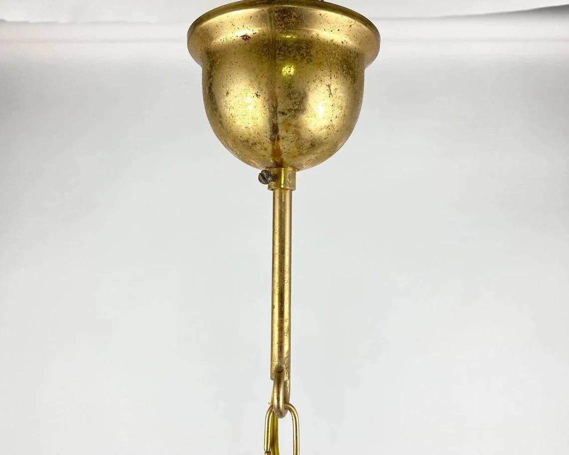 Mid-Century Modern Gilt Brass and Textured Glass Suspended Chandelier For Sale