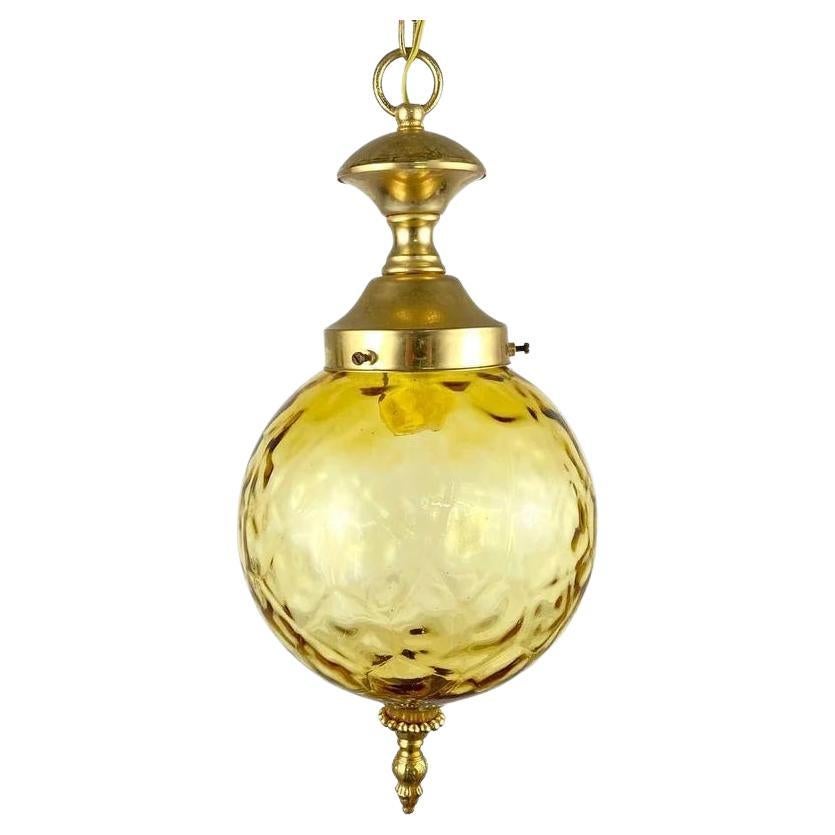 Gilt Brass and Textured Glass Suspended Chandelier For Sale