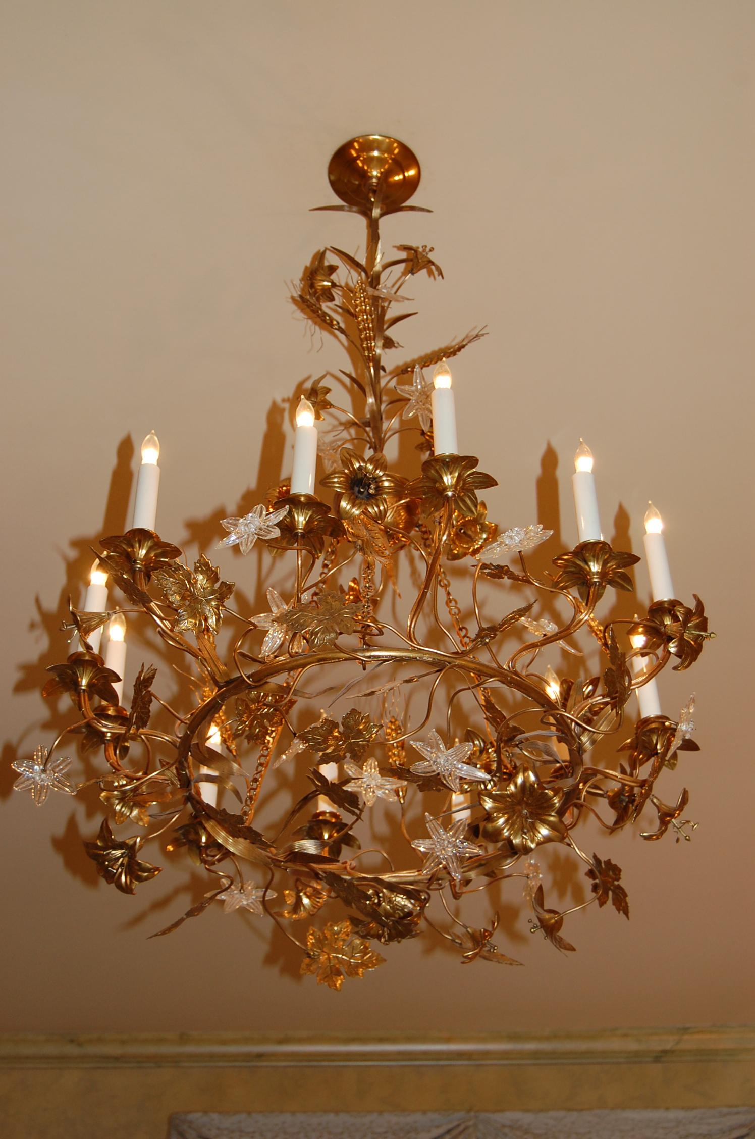 Gilt Brass Chandelier with Clusters of Brass Grapes, Leaves and Sheaths of Wheat 3