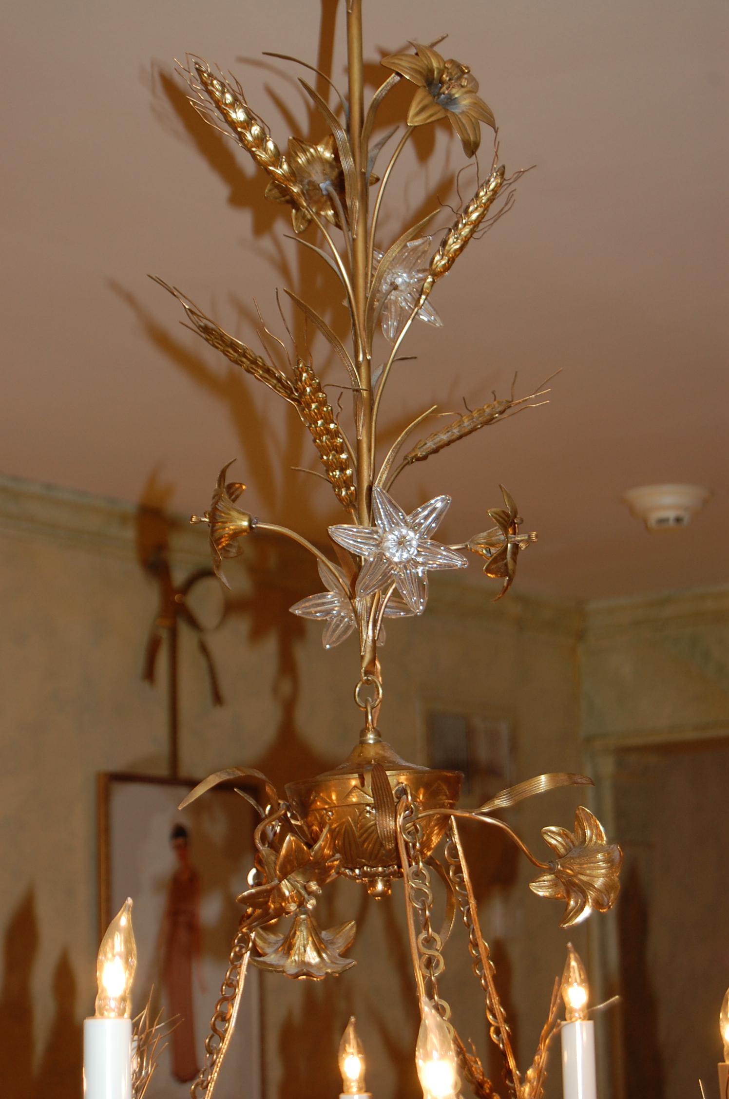 Gilt Brass Chandelier with Clusters of Brass Grapes, Leaves and Sheaths of Wheat 7
