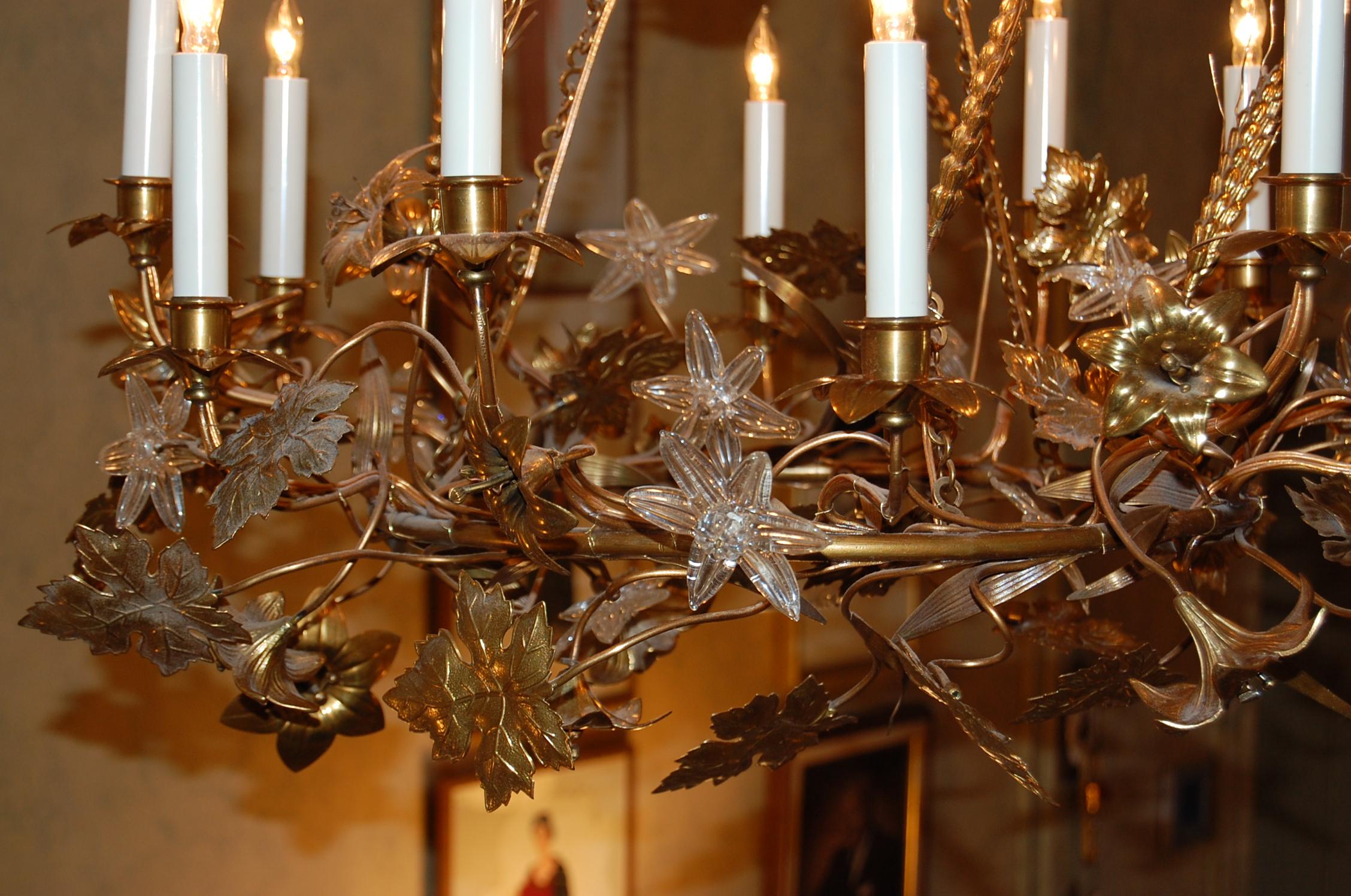 Gilt Brass Chandelier with Clusters of Brass Grapes, Leaves and Sheaths of Wheat 8