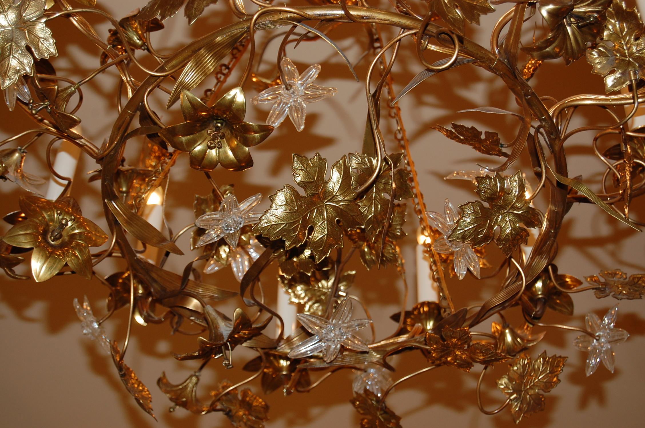 Gilt Brass Chandelier with Clusters of Brass Grapes, Leaves and Sheaths of Wheat 9
